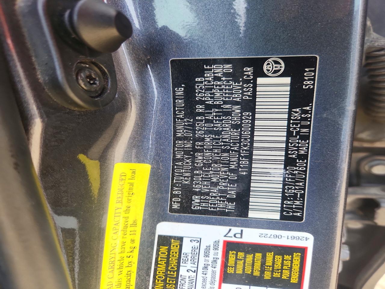 2012 Toyota Camry Se Gray vin: 4T1BF1FK3CU600929