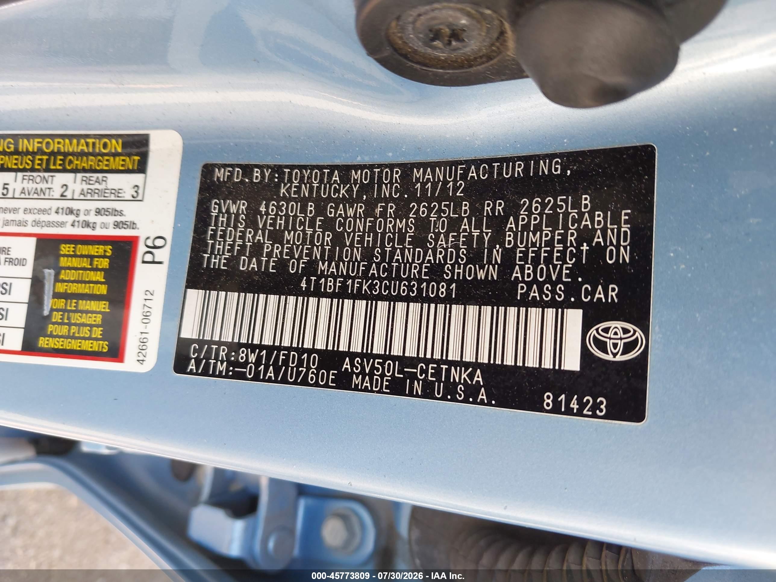 2012 Toyota Camry Le Blue vin: 4T1BF1FK3CU631081