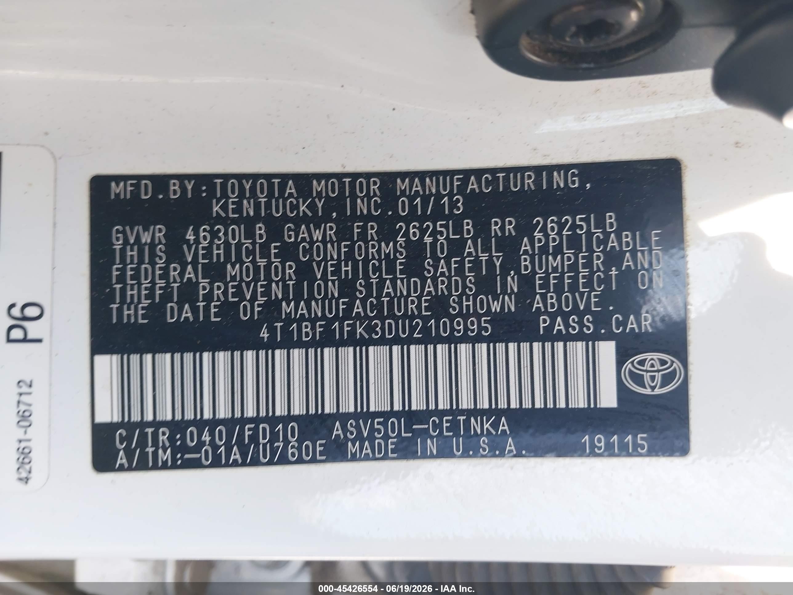 2013 Toyota Camry Le White vin: 4T1BF1FK3DU210995