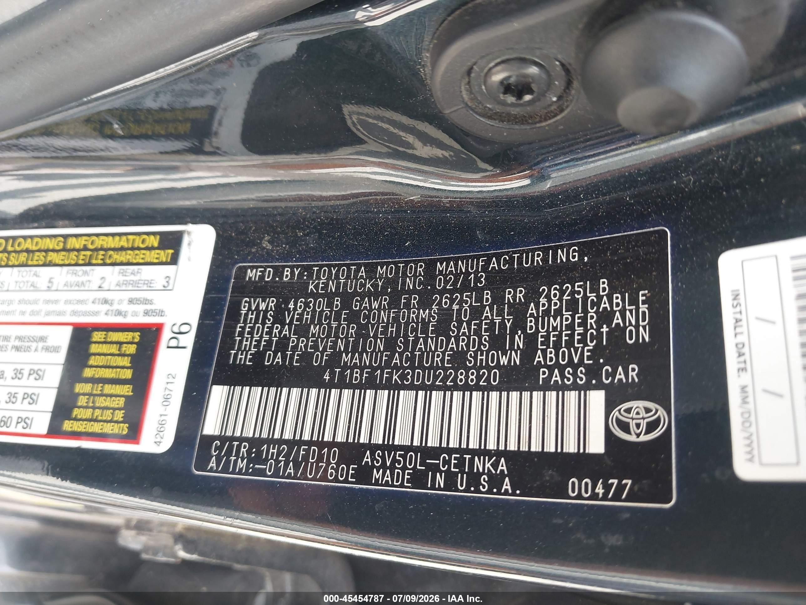 2013 Toyota Camry Le Black vin: 4T1BF1FK3DU228820