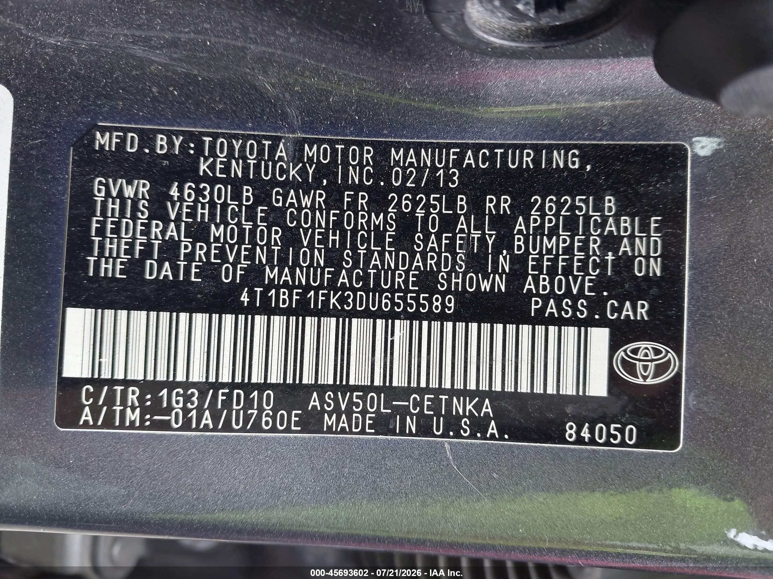 2013 Toyota Camry Le Серый vin: 4T1BF1FK3DU655589