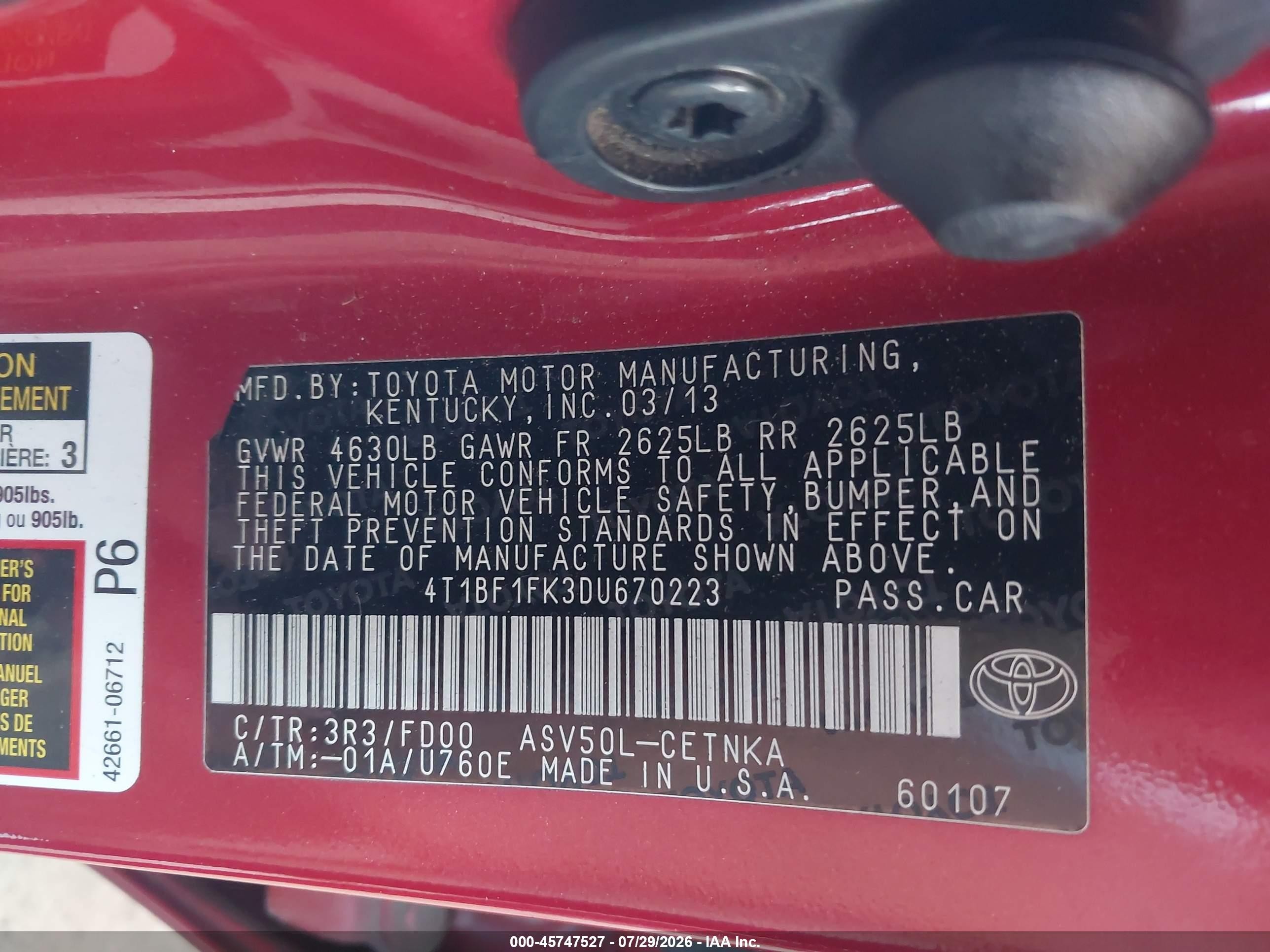 2013 Toyota Camry Le Red vin: 4T1BF1FK3DU670223