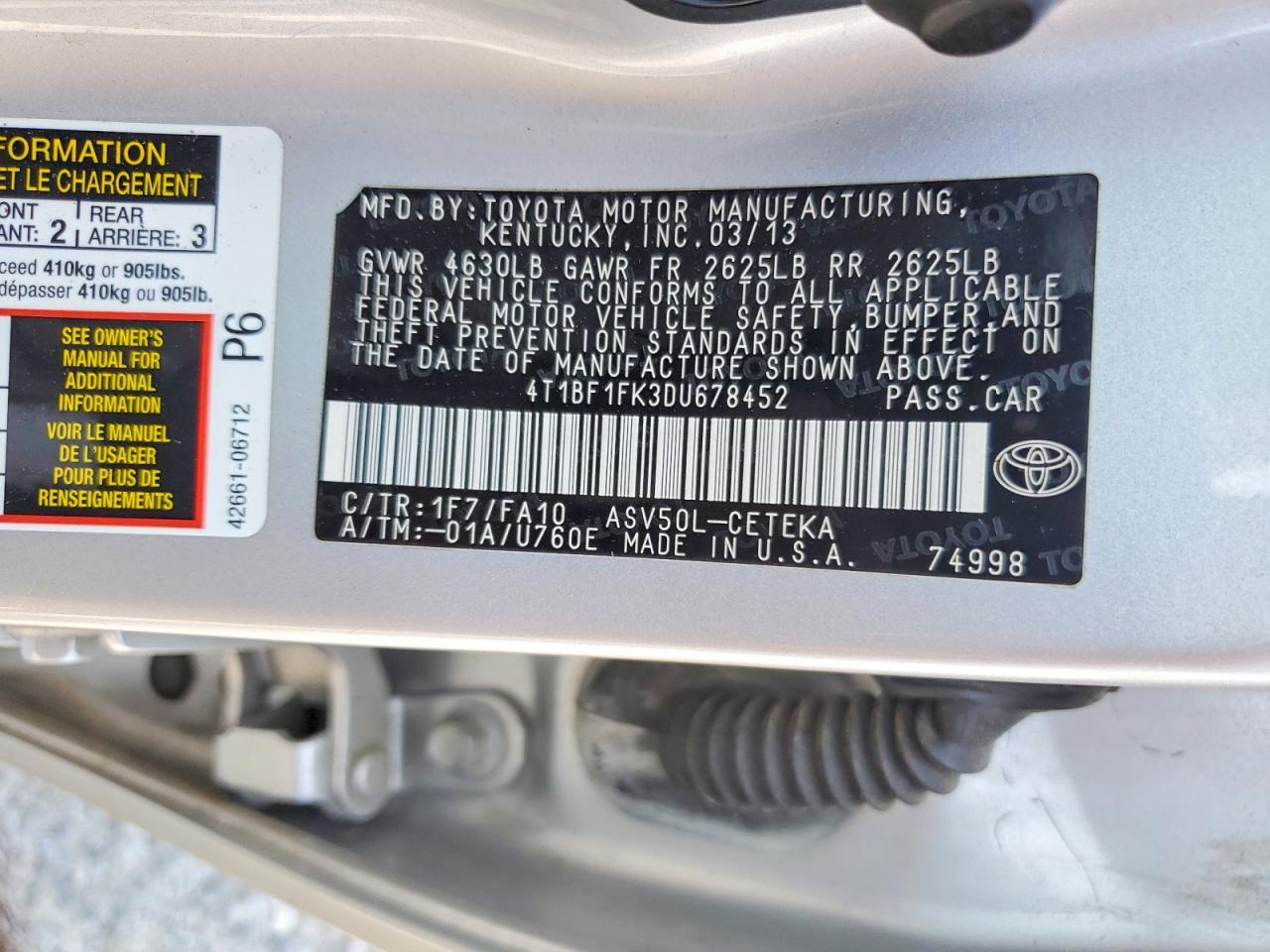 2013 Toyota Camry L Silver vin: 4T1BF1FK3DU678452