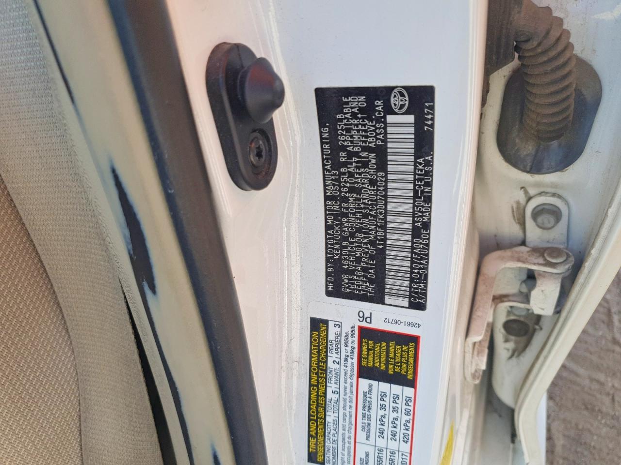 2013 Toyota Camry L White vin: 4T1BF1FK3DU704029