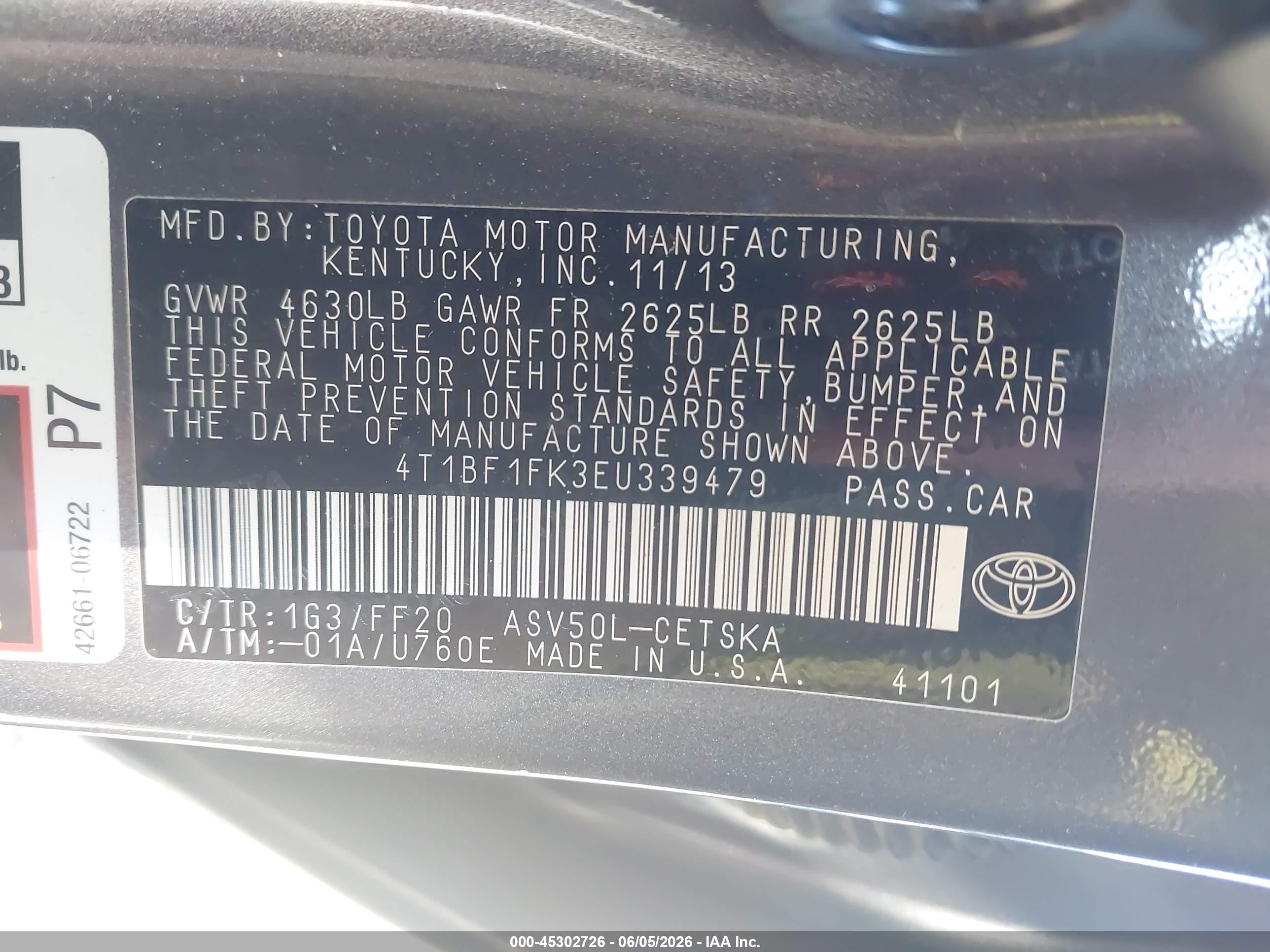 2014 Toyota Camry L/se/le/xle Gray vin: 4T1BF1FK3EU339479