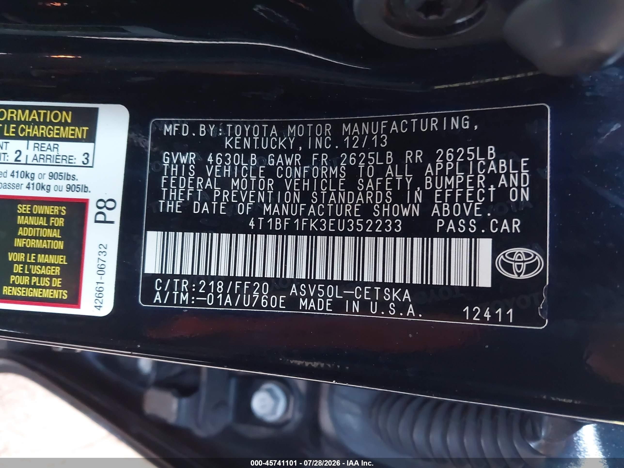 2014 Toyota Camry Se Sport Черный vin: 4T1BF1FK3EU352233