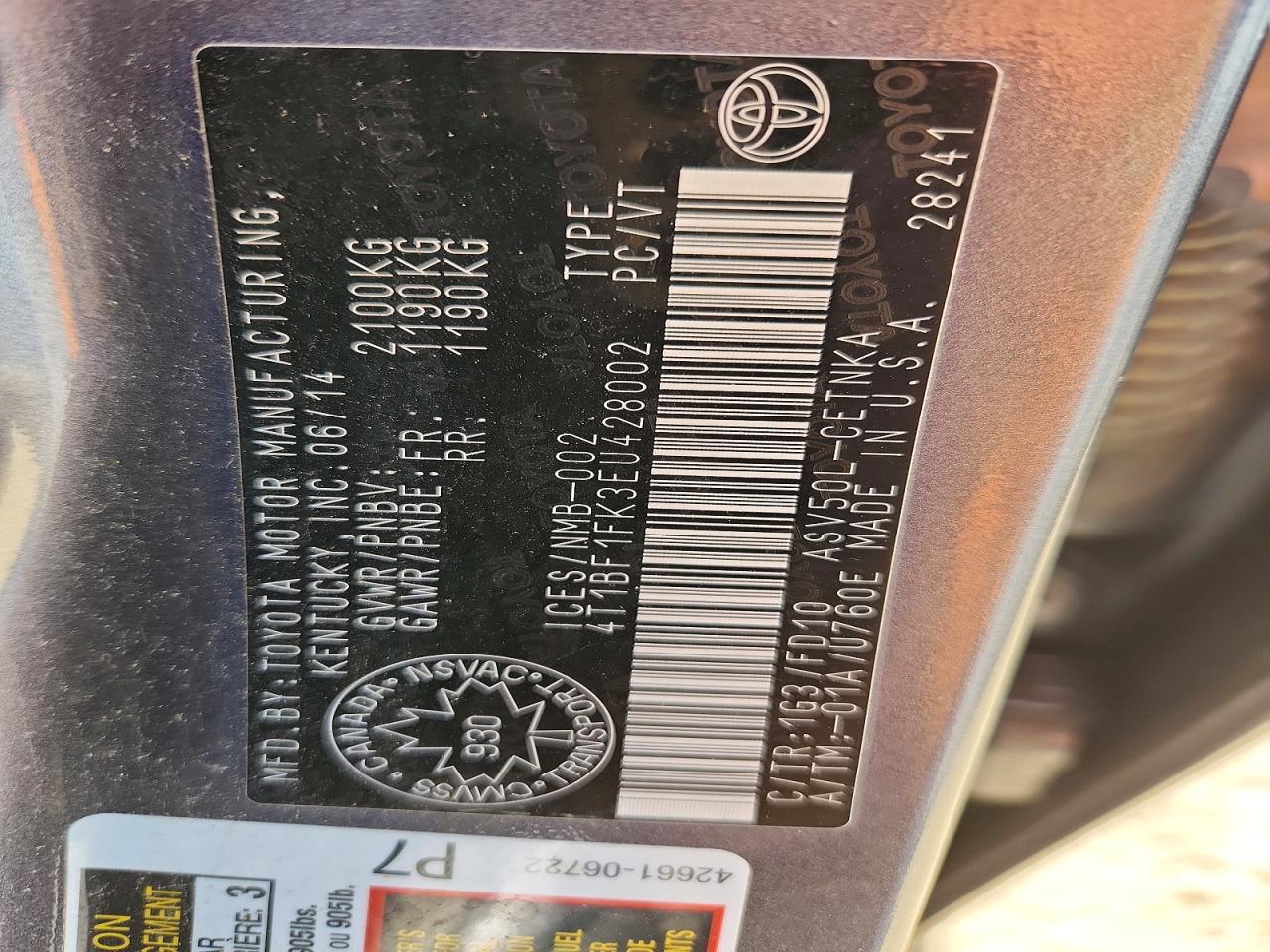 2014 Toyota Camry L Серый vin: 4T1BF1FK3EU428002