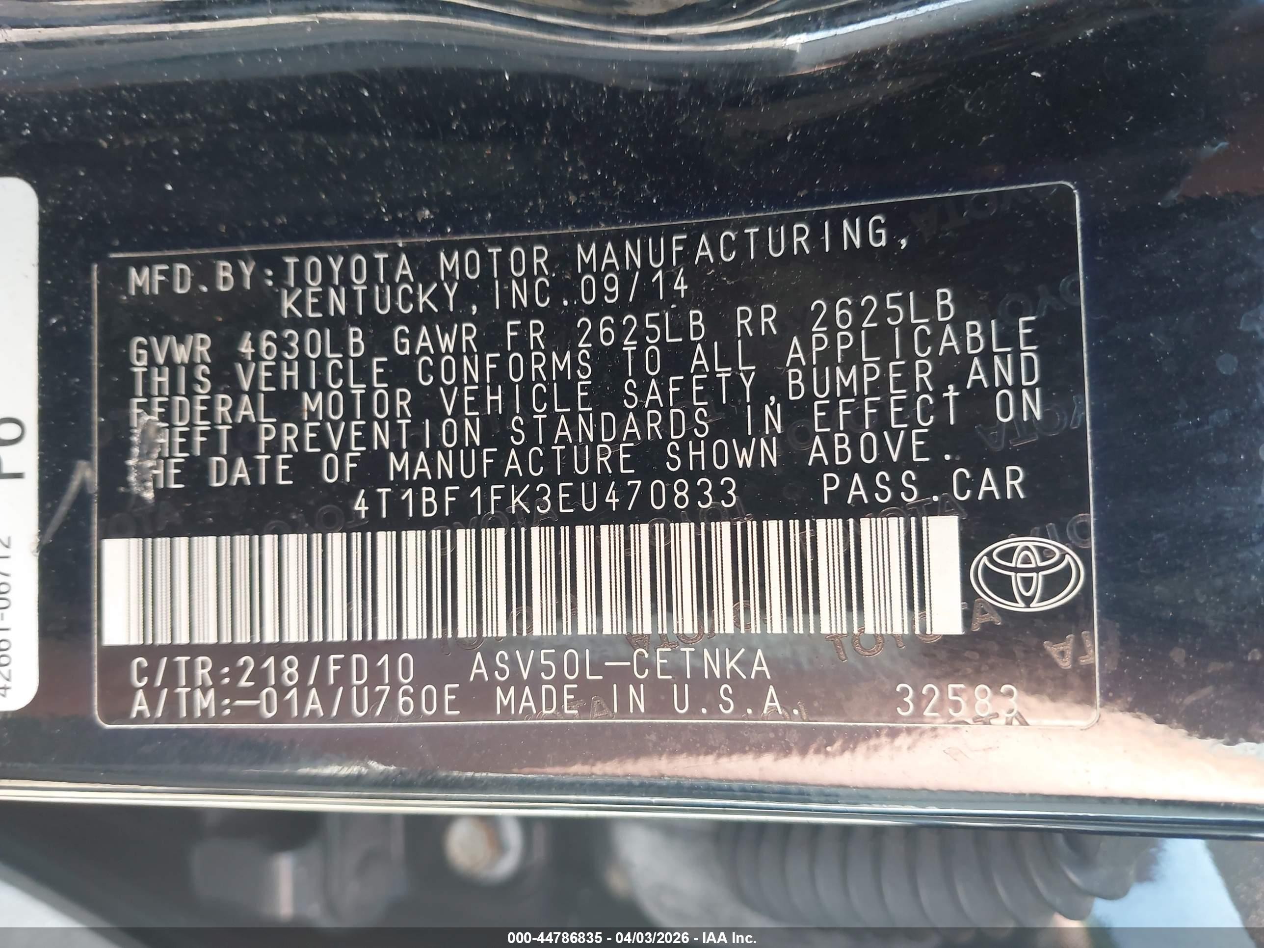 2014 Toyota Camry Le Black vin: 4T1BF1FK3EU470833