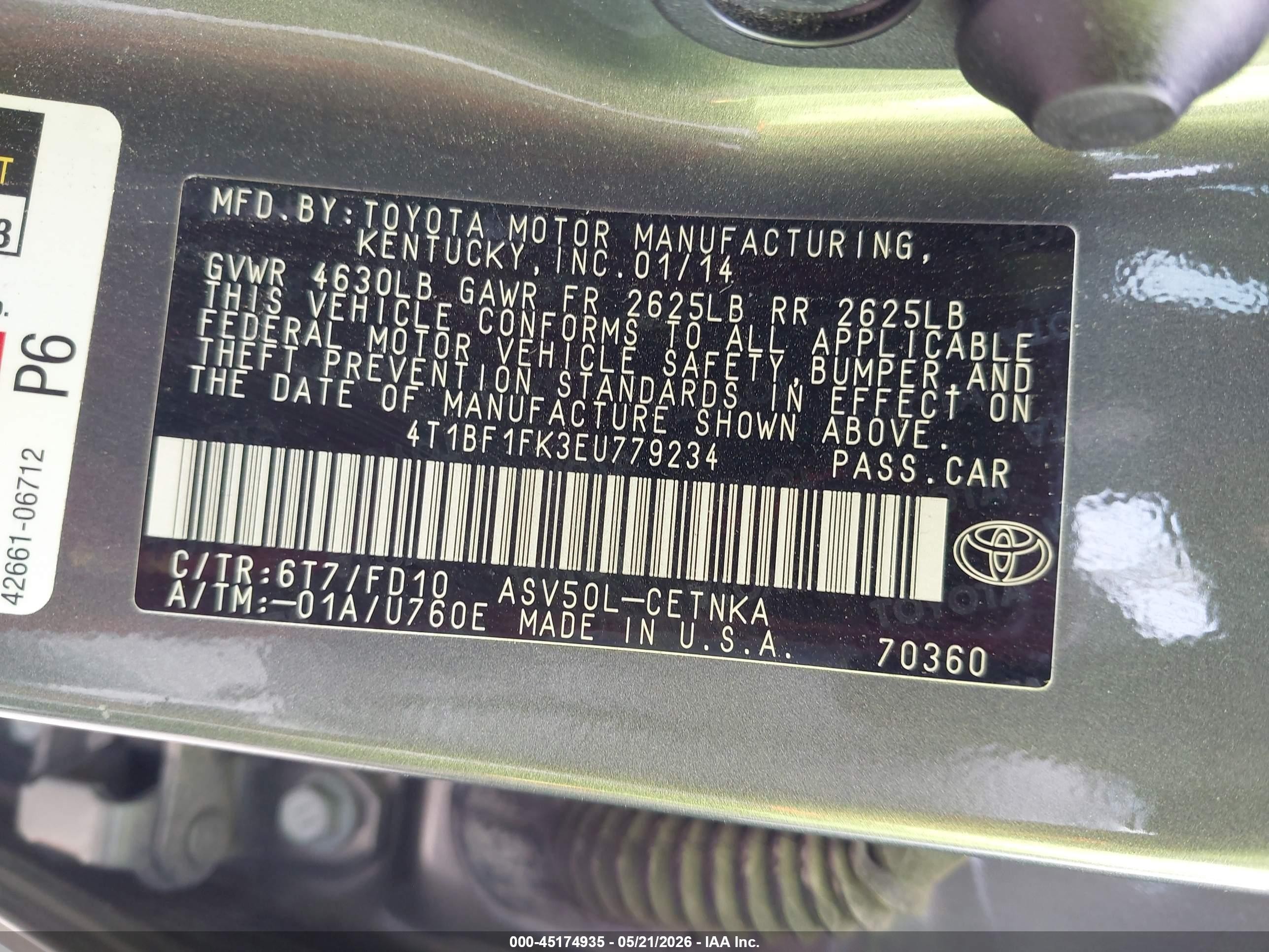 2014 Toyota Camry Le Gray vin: 4T1BF1FK3EU779234