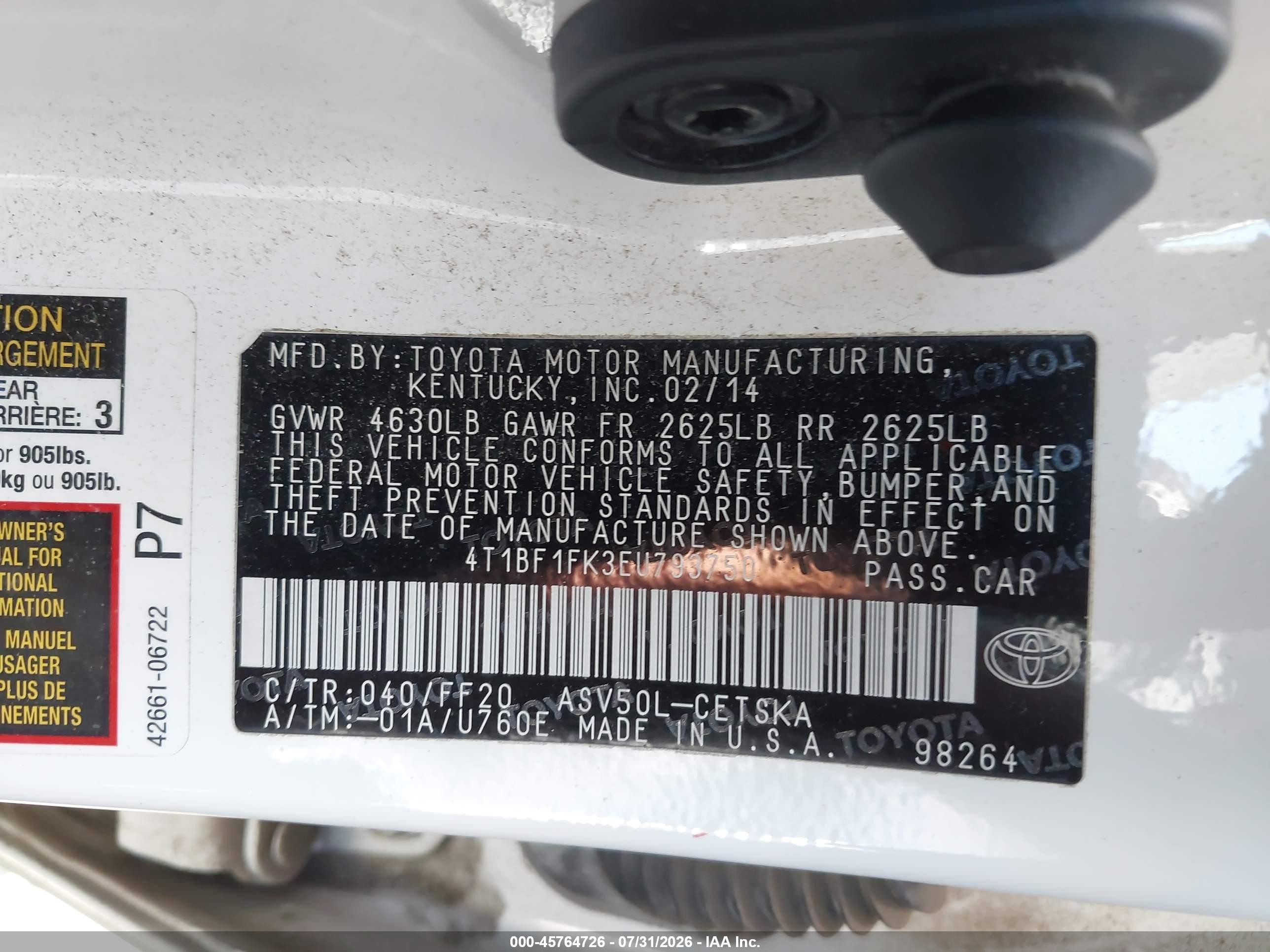 2014 Toyota Camry Se White vin: 4T1BF1FK3EU793750