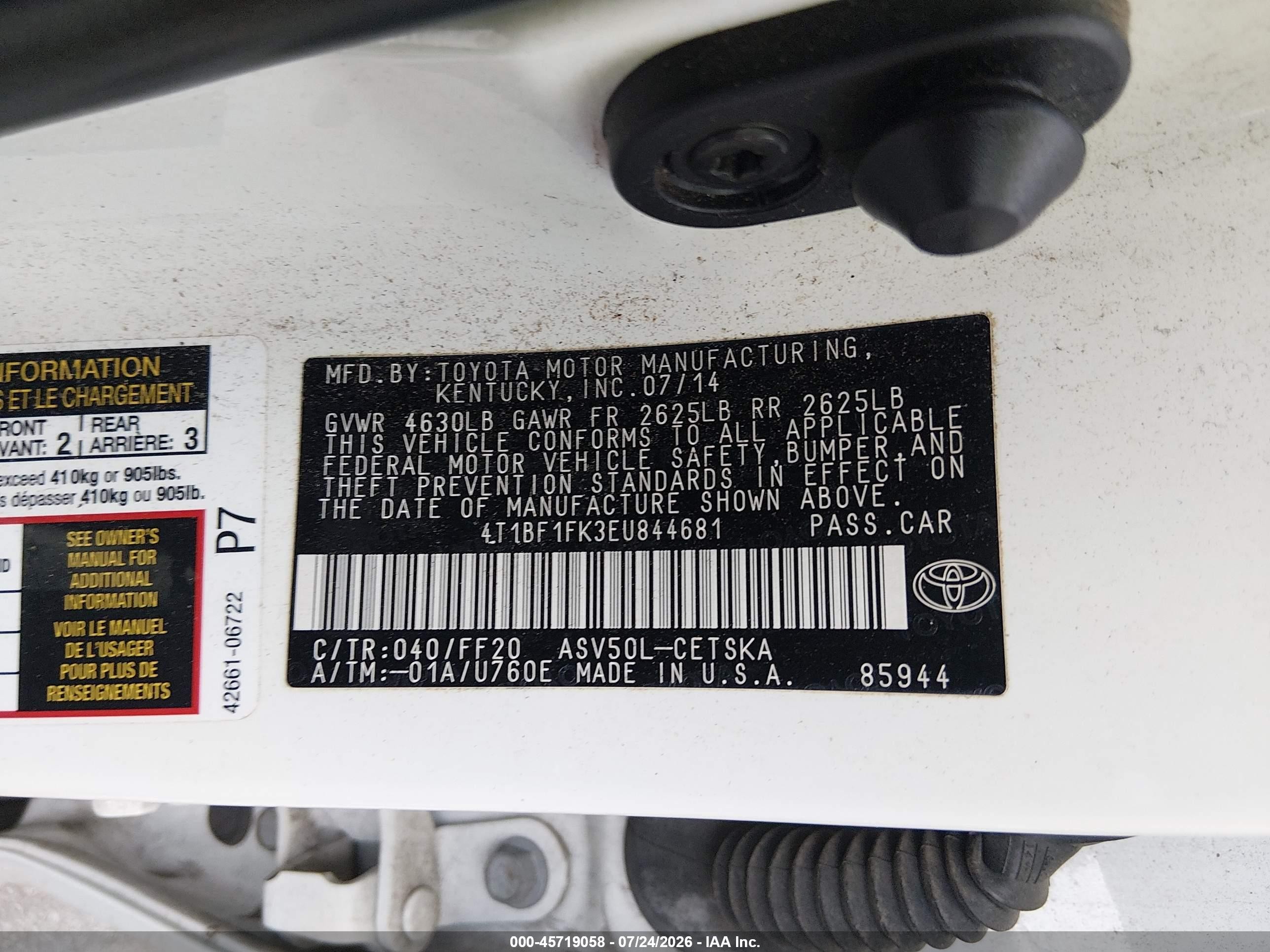 2014 Toyota Camry Se White vin: 4T1BF1FK3EU844681
