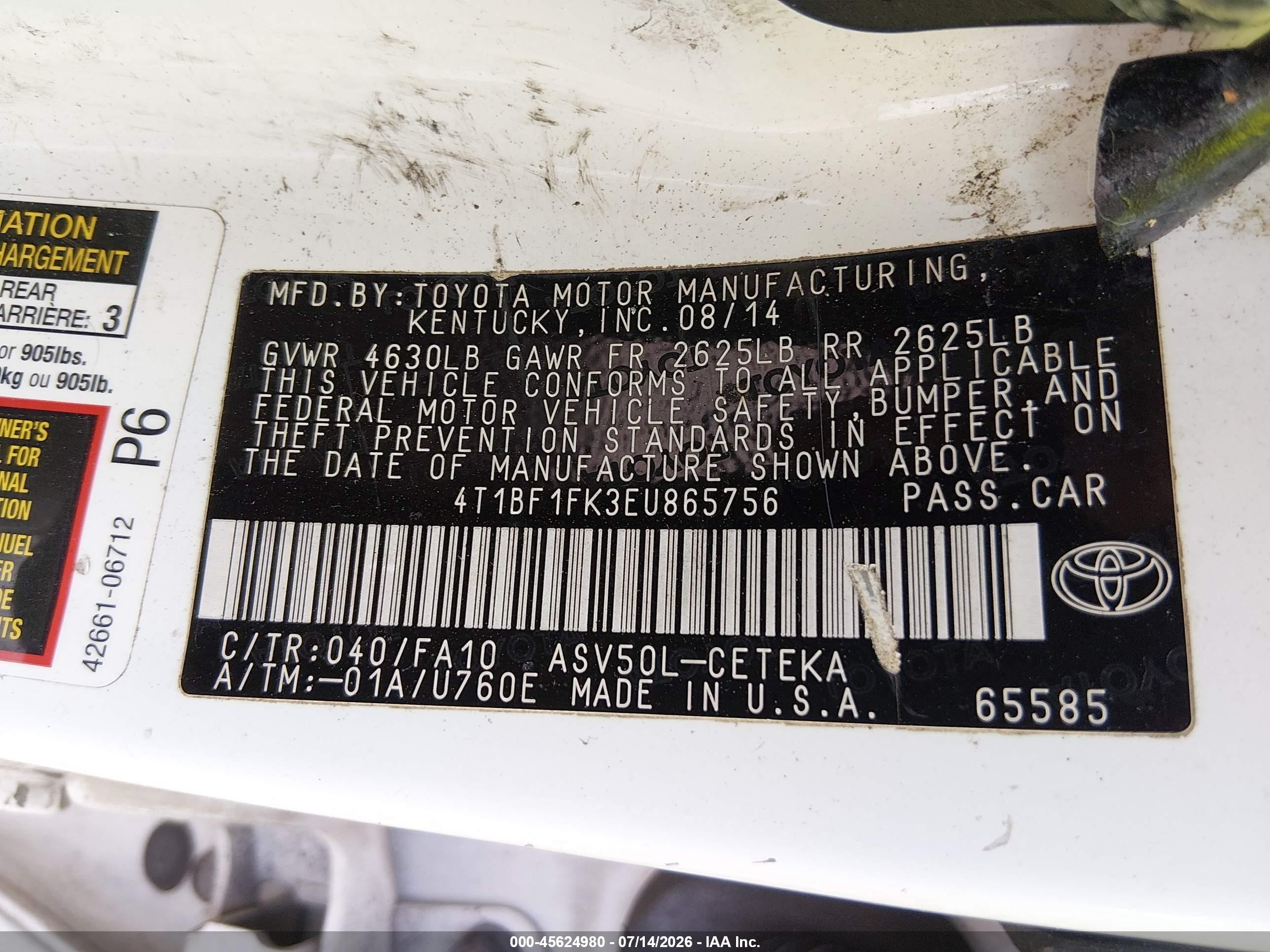 2014 Toyota Camry L White vin: 4T1BF1FK3EU865756