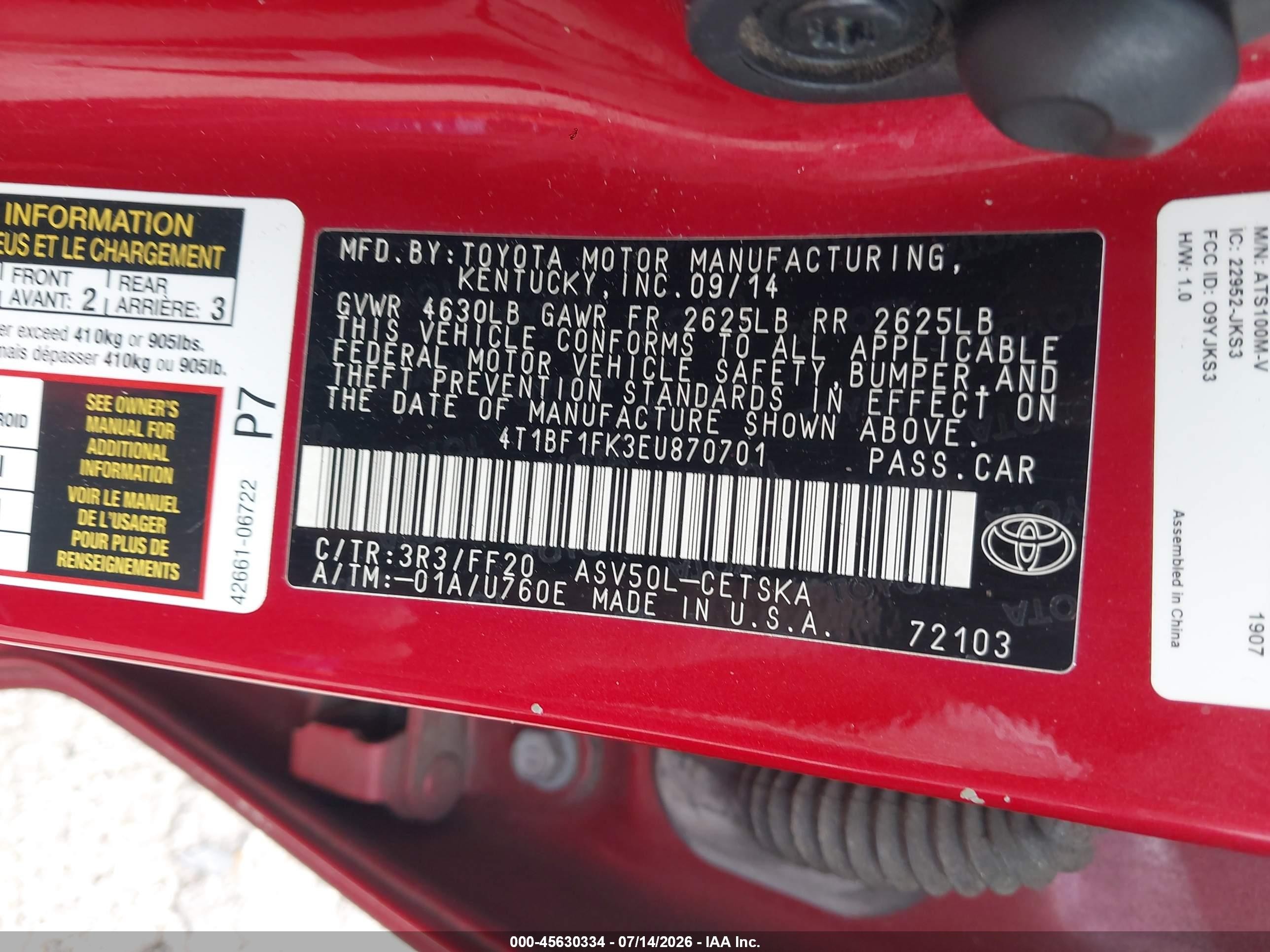 2014 Toyota Camry Se Red vin: 4T1BF1FK3EU870701