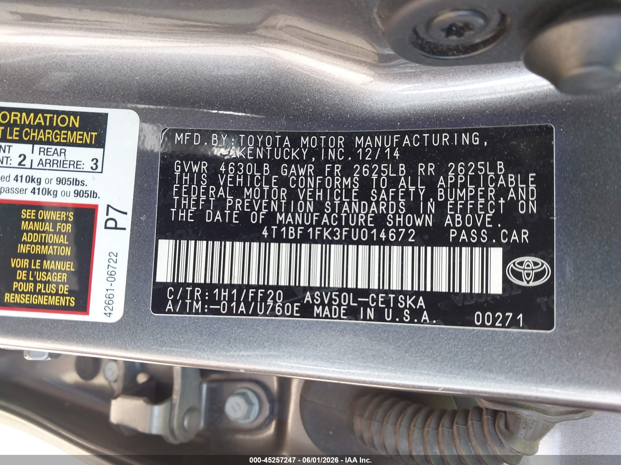 2015 Toyota Camry Se Gray vin: 4T1BF1FK3FU014672