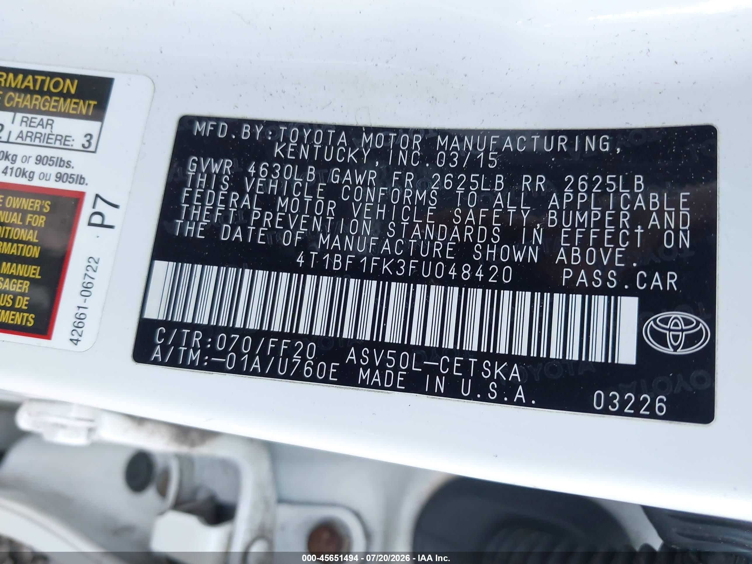 2015 Toyota Camry Se White vin: 4T1BF1FK3FU048420