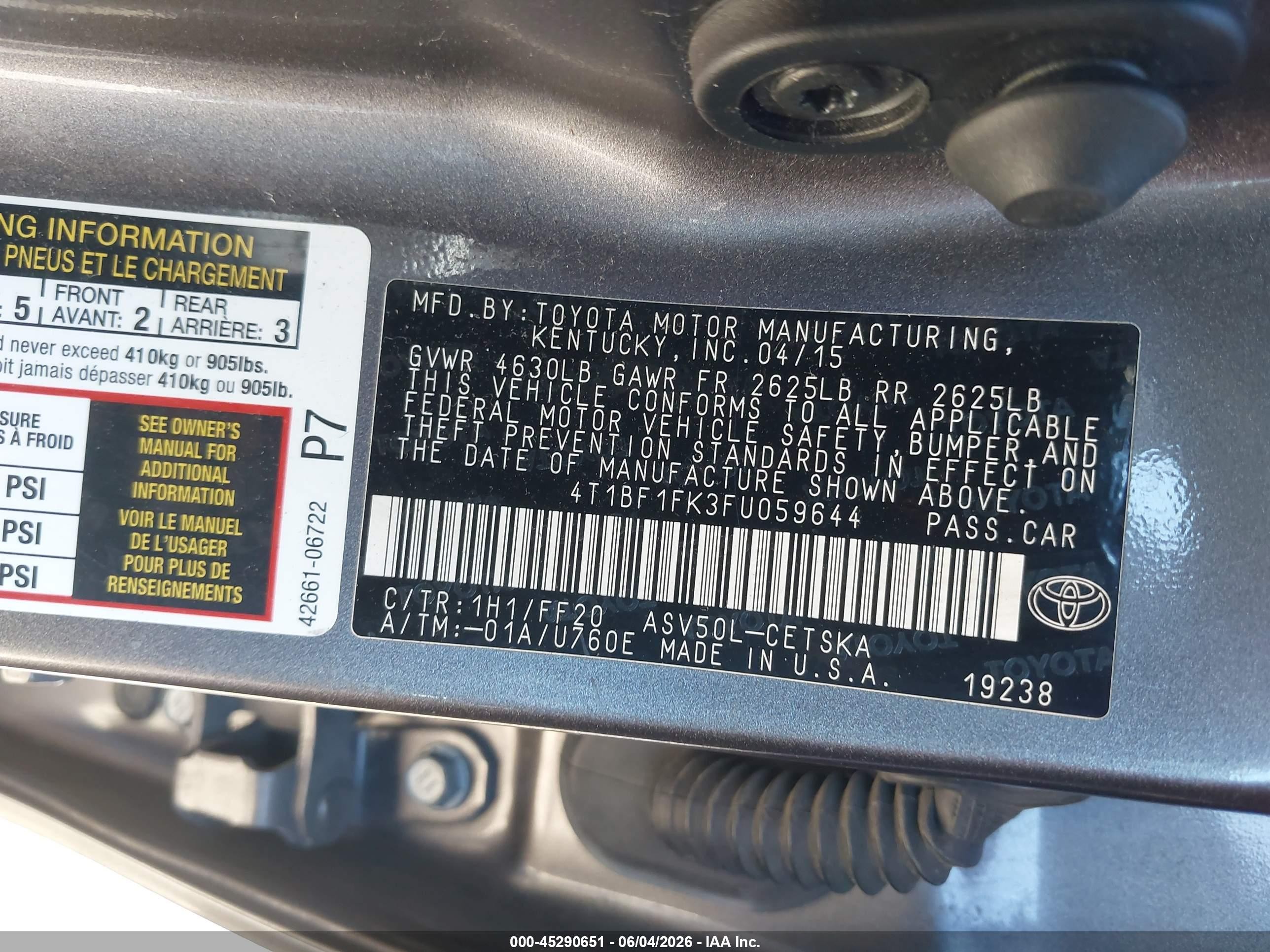 2015 Toyota Camry Se Gray vin: 4T1BF1FK3FU059644