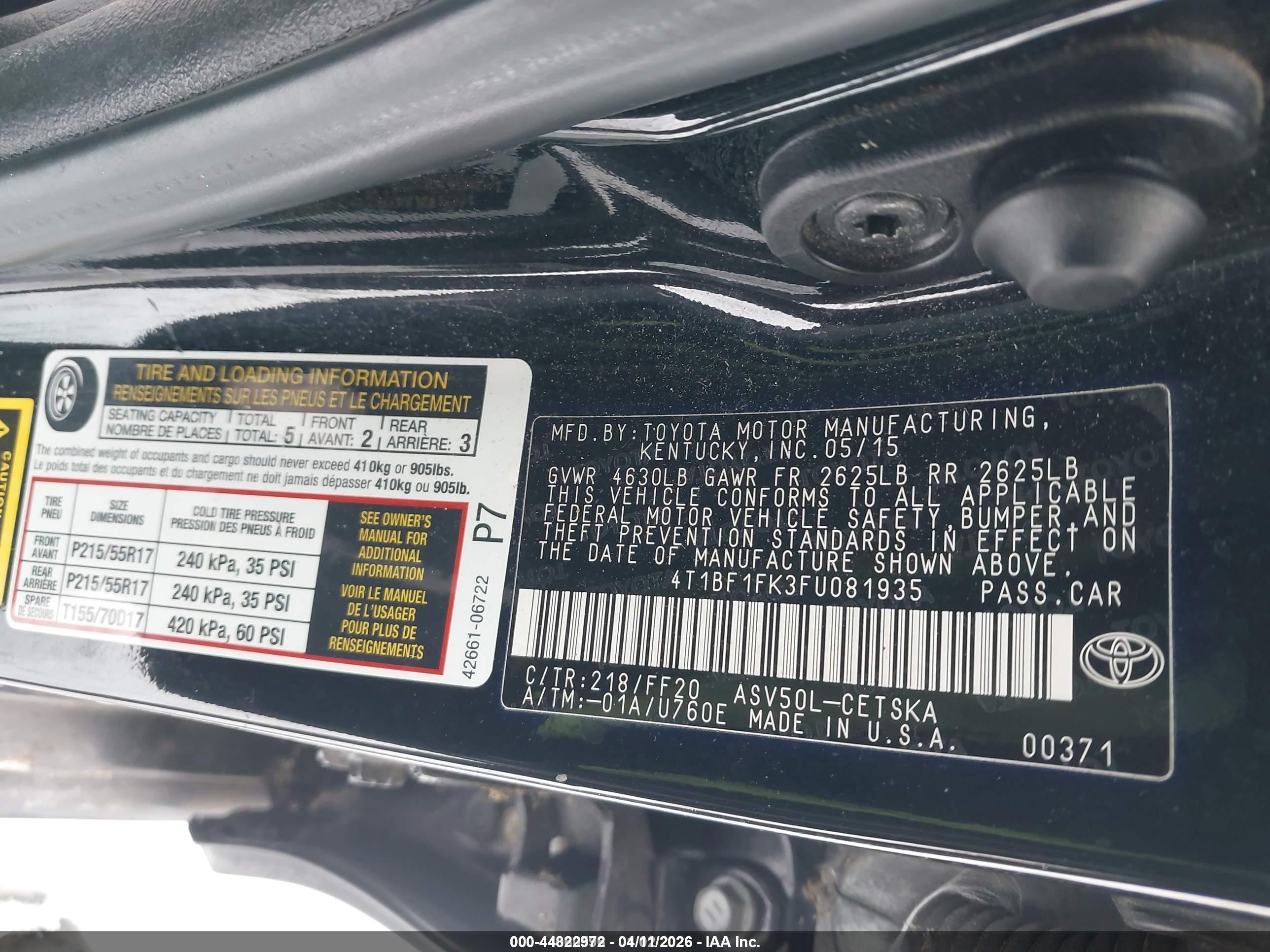 2015 Toyota Camry Se Black vin: 4T1BF1FK3FU081935