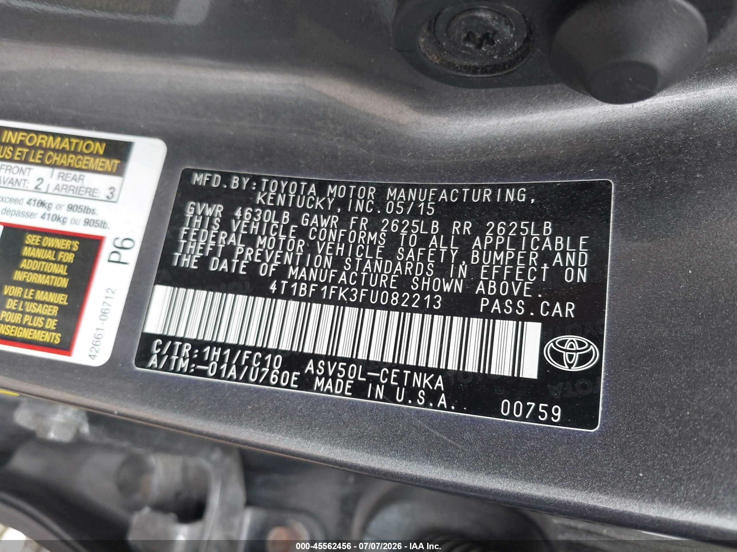 2015 Toyota Camry Le Gray vin: 4T1BF1FK3FU082213