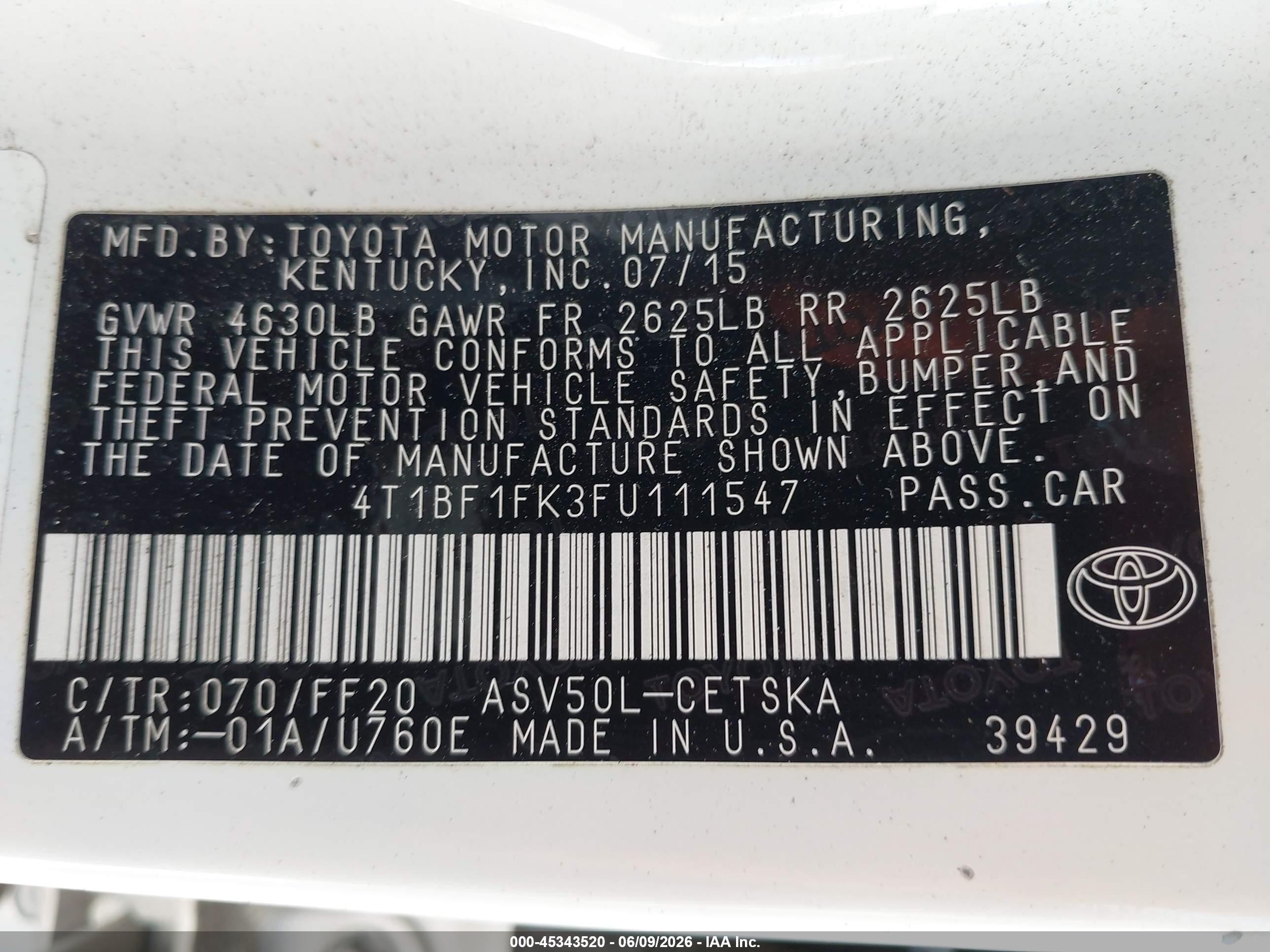 2015 Toyota Camry Se White vin: 4T1BF1FK3FU111547