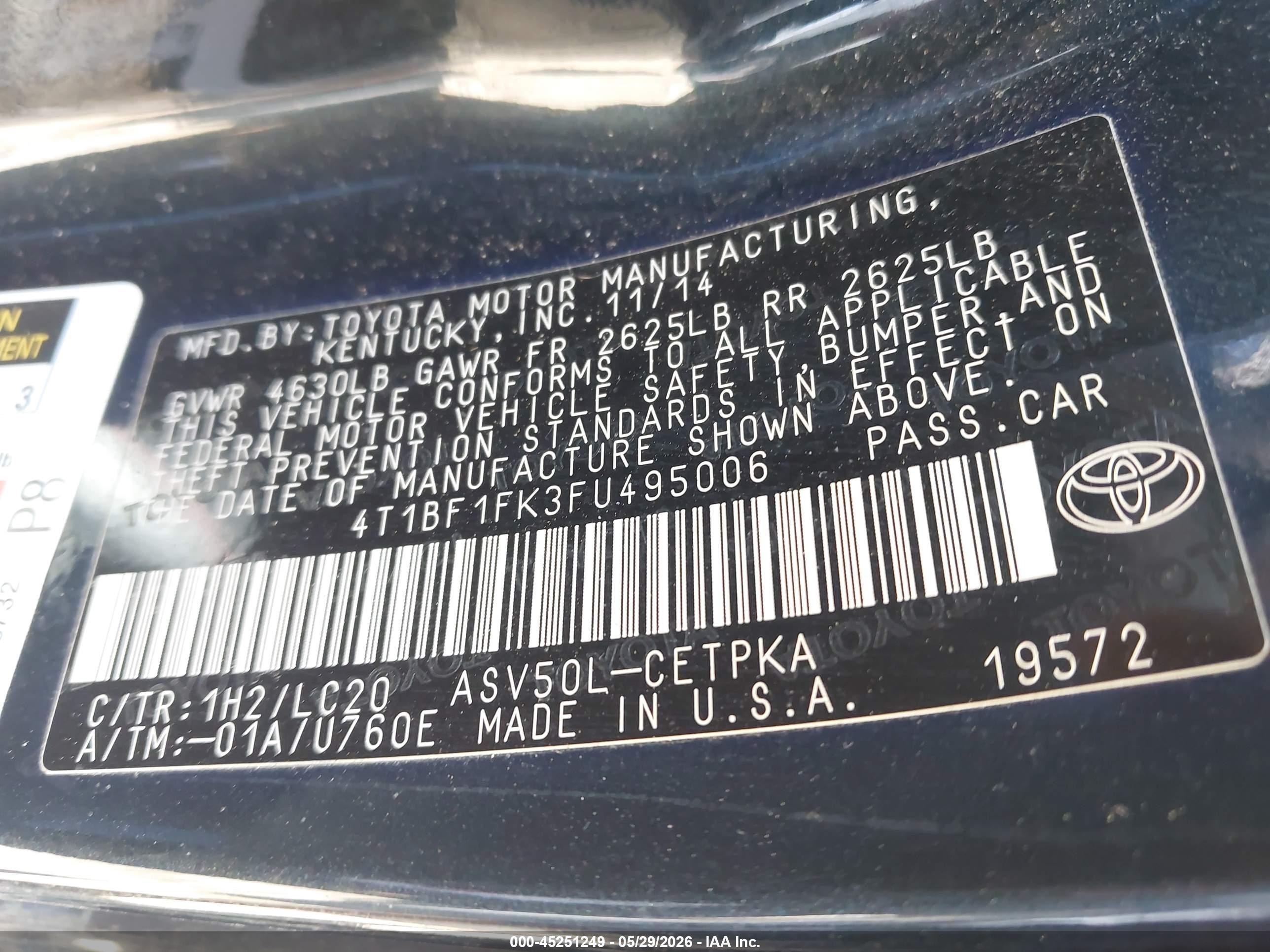 2015 Toyota Camry Xse Black vin: 4T1BF1FK3FU495006