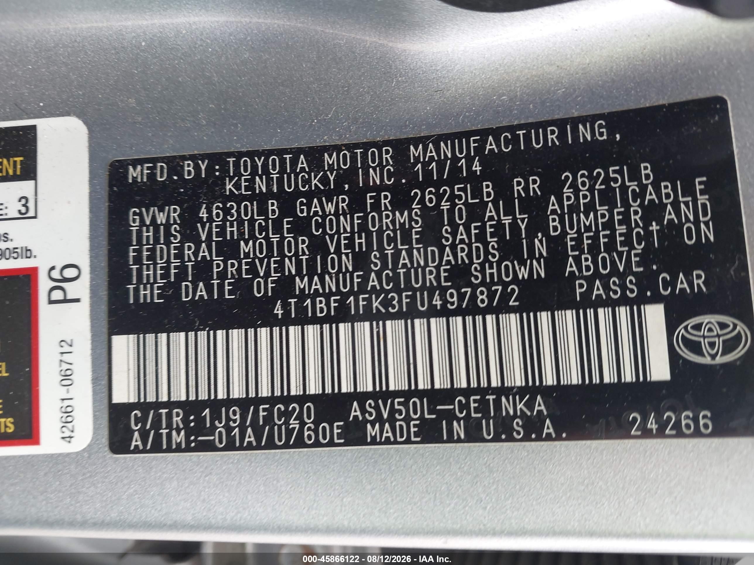 2015 Toyota Camry Le Silver vin: 4T1BF1FK3FU497872