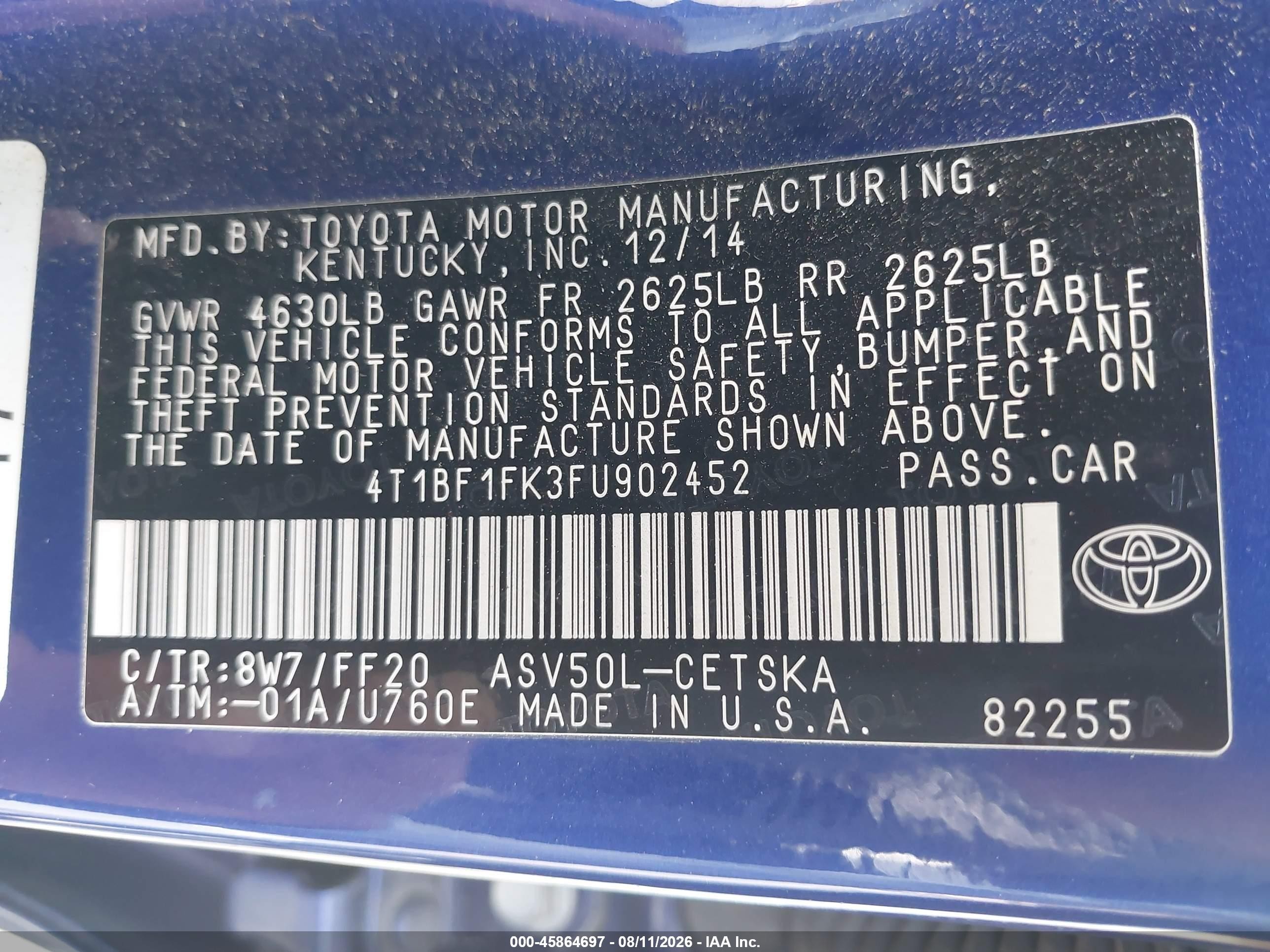 2015 Toyota Camry Se Blue vin: 4T1BF1FK3FU902452