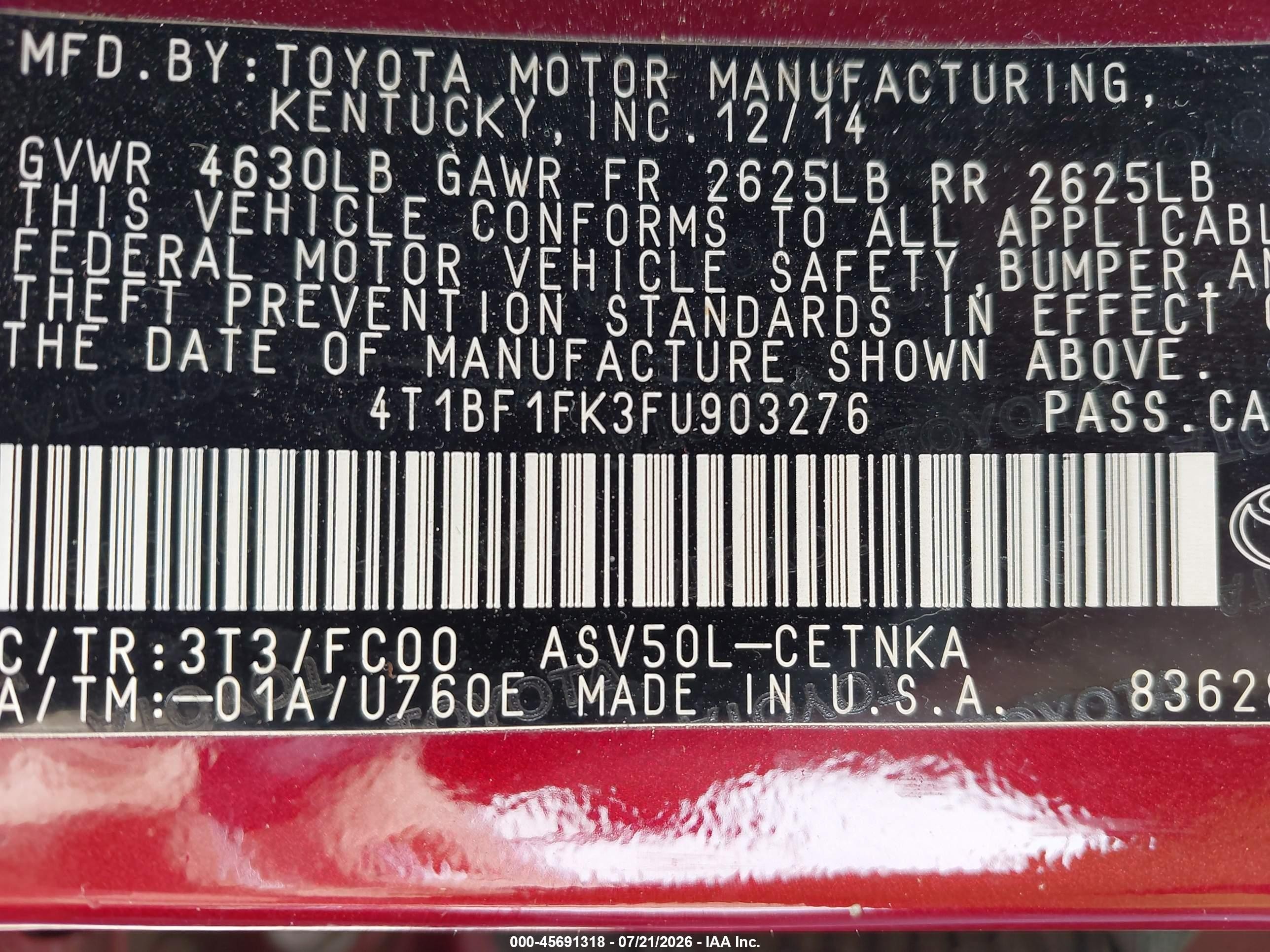 2015 Toyota Camry Le Red vin: 4T1BF1FK3FU903276