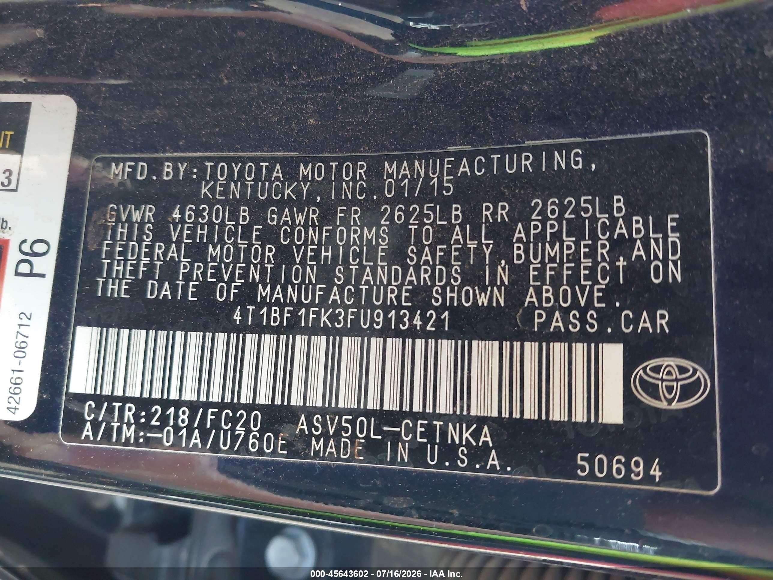 2015 Toyota Camry Le Black vin: 4T1BF1FK3FU913421