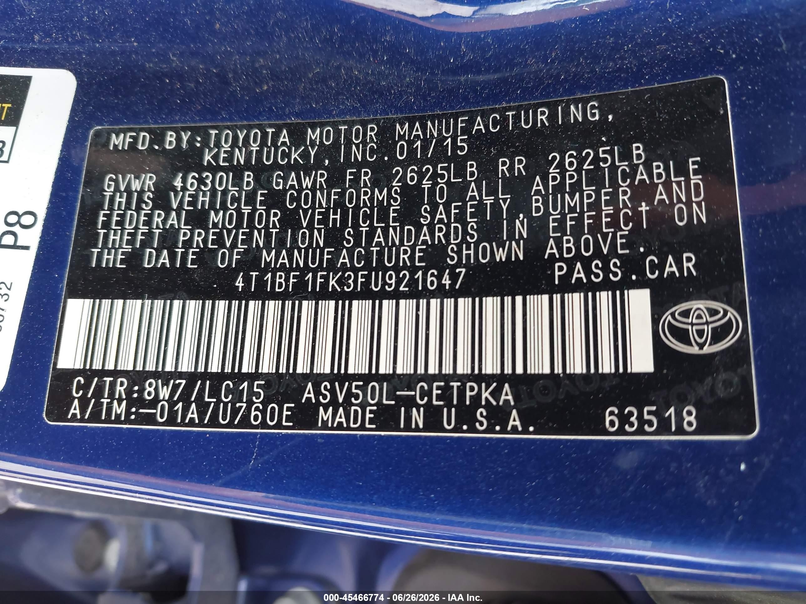 2015 Toyota Camry Xse Синий vin: 4T1BF1FK3FU921647