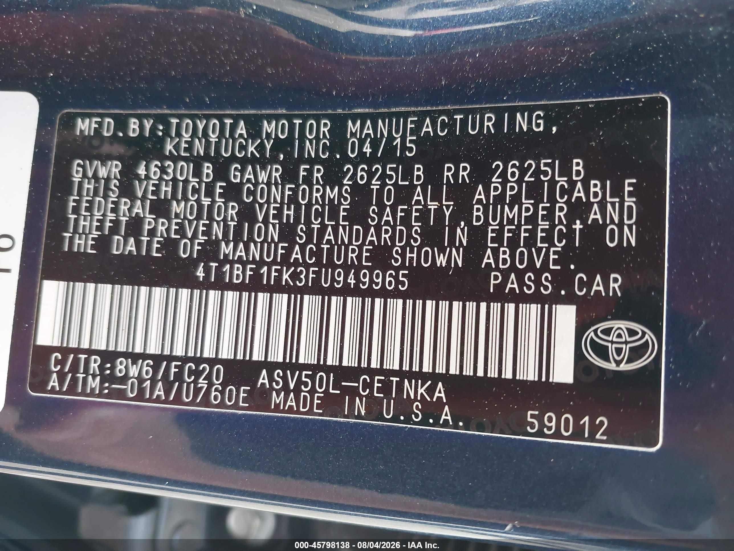 2015 Toyota Camry Le Blue vin: 4T1BF1FK3FU949965