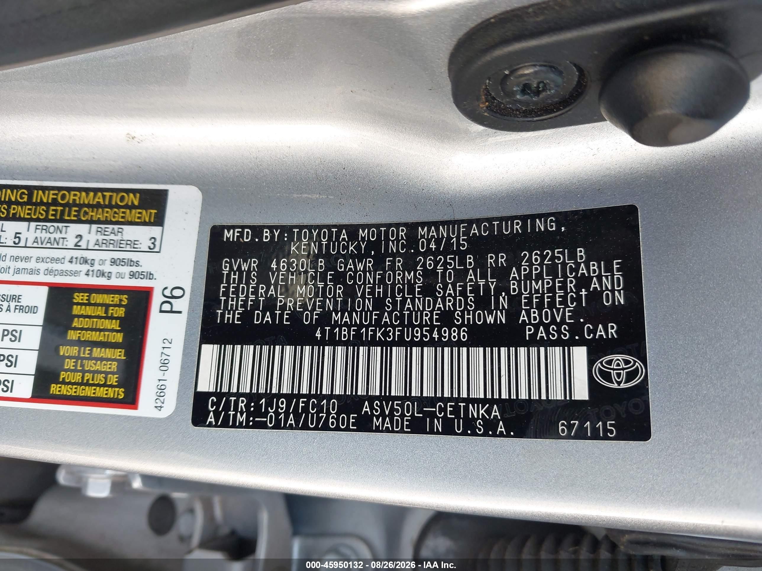 2015 Toyota Camry Le Silver vin: 4T1BF1FK3FU954986