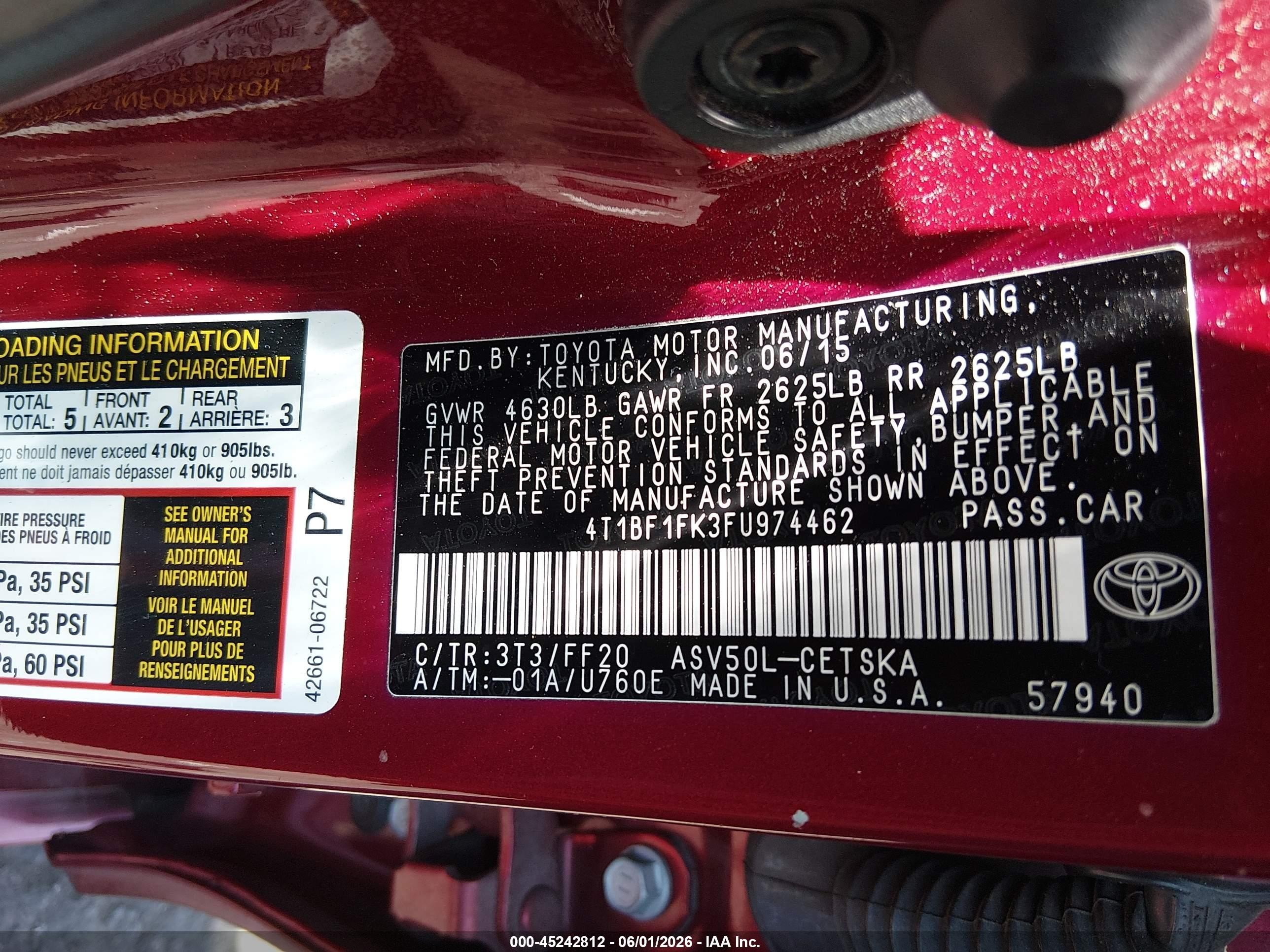 2015 Toyota Camry Se Burgundy vin: 4T1BF1FK3FU974462