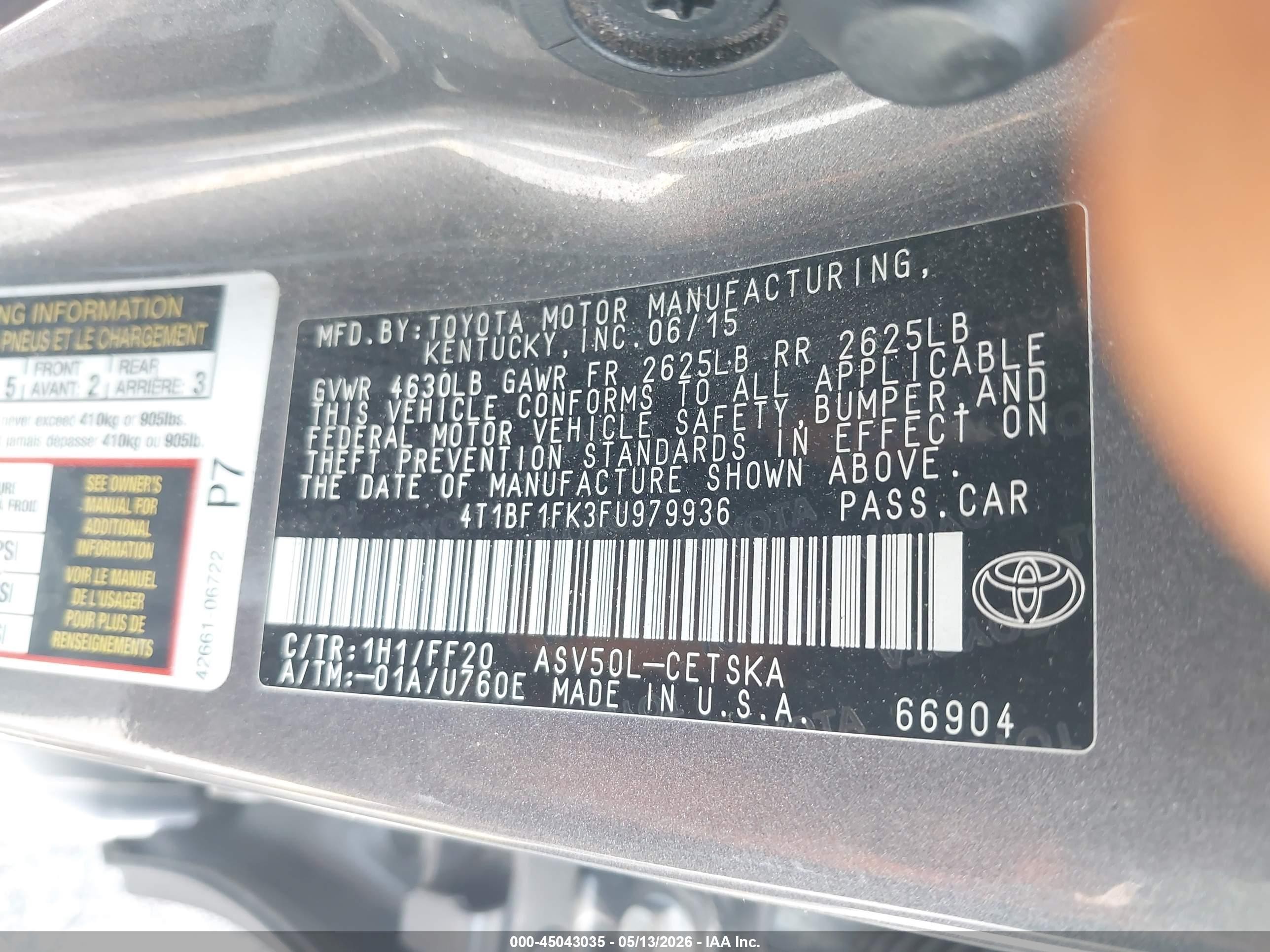 2015 Toyota Camry Se Gray vin: 4T1BF1FK3FU979936