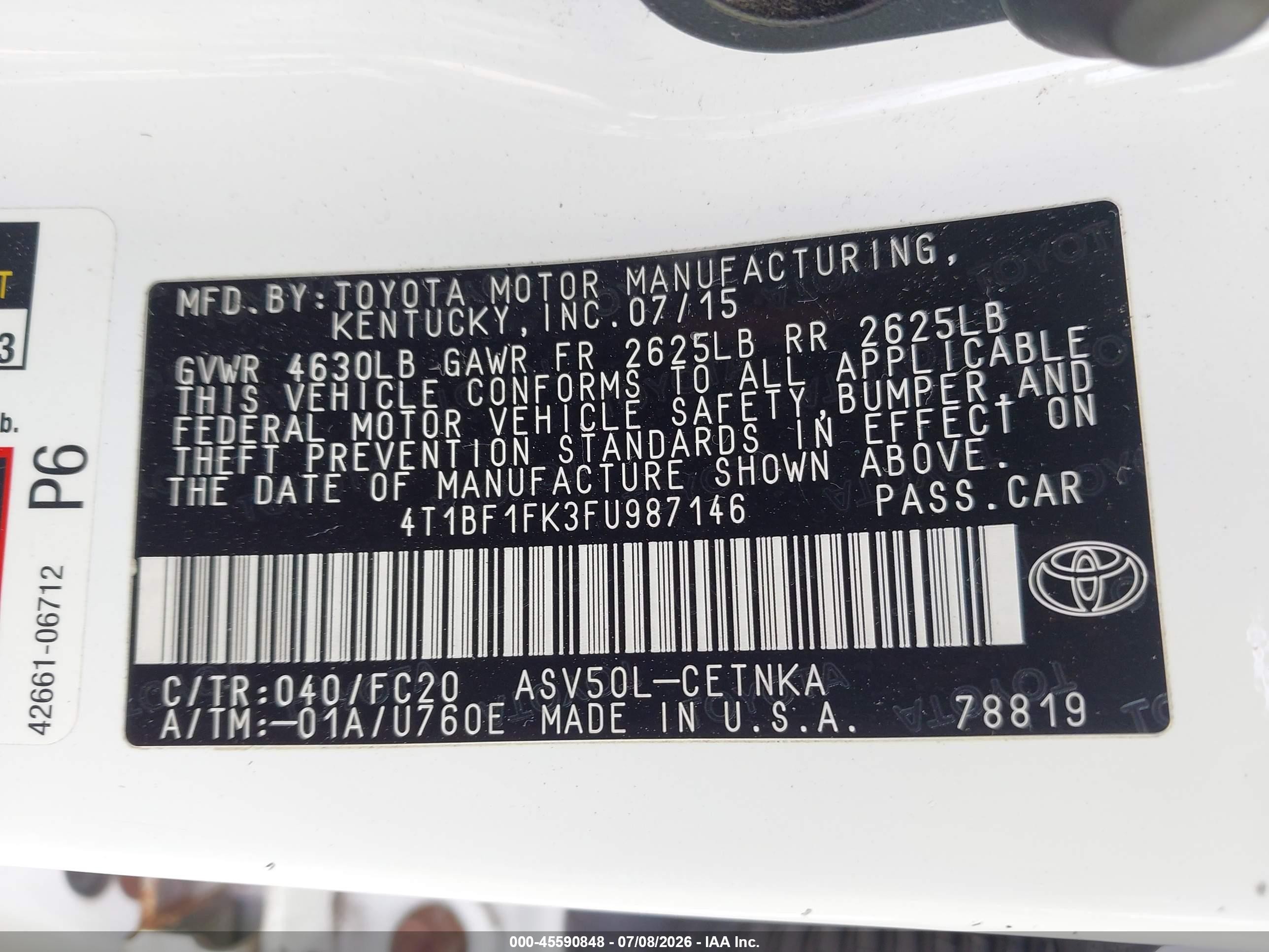 2015 Toyota Camry Le Белый vin: 4T1BF1FK3FU987146