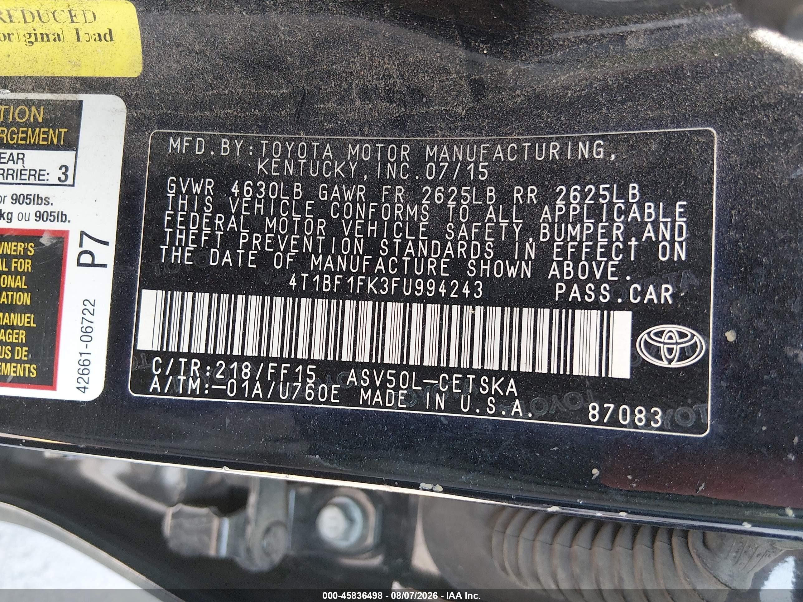 2015 Toyota Camry Se Black vin: 4T1BF1FK3FU994243