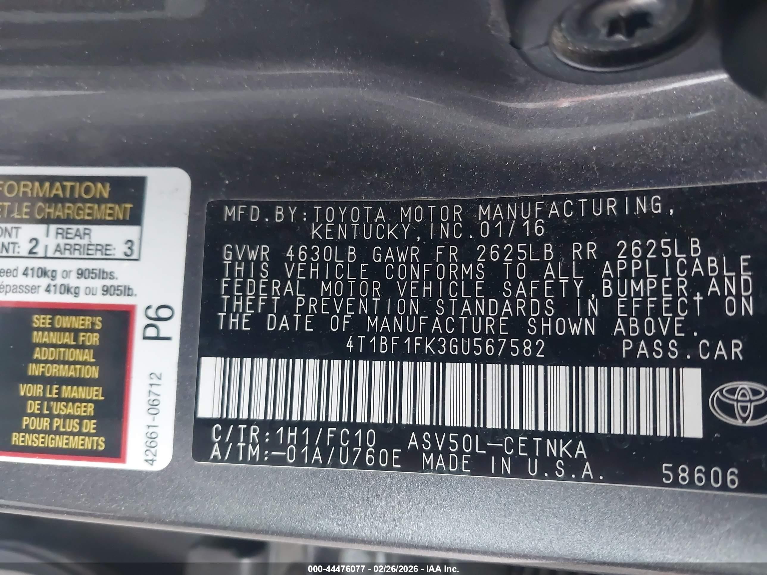 2016 Toyota Camry Le Gray vin: 4T1BF1FK3GU567582