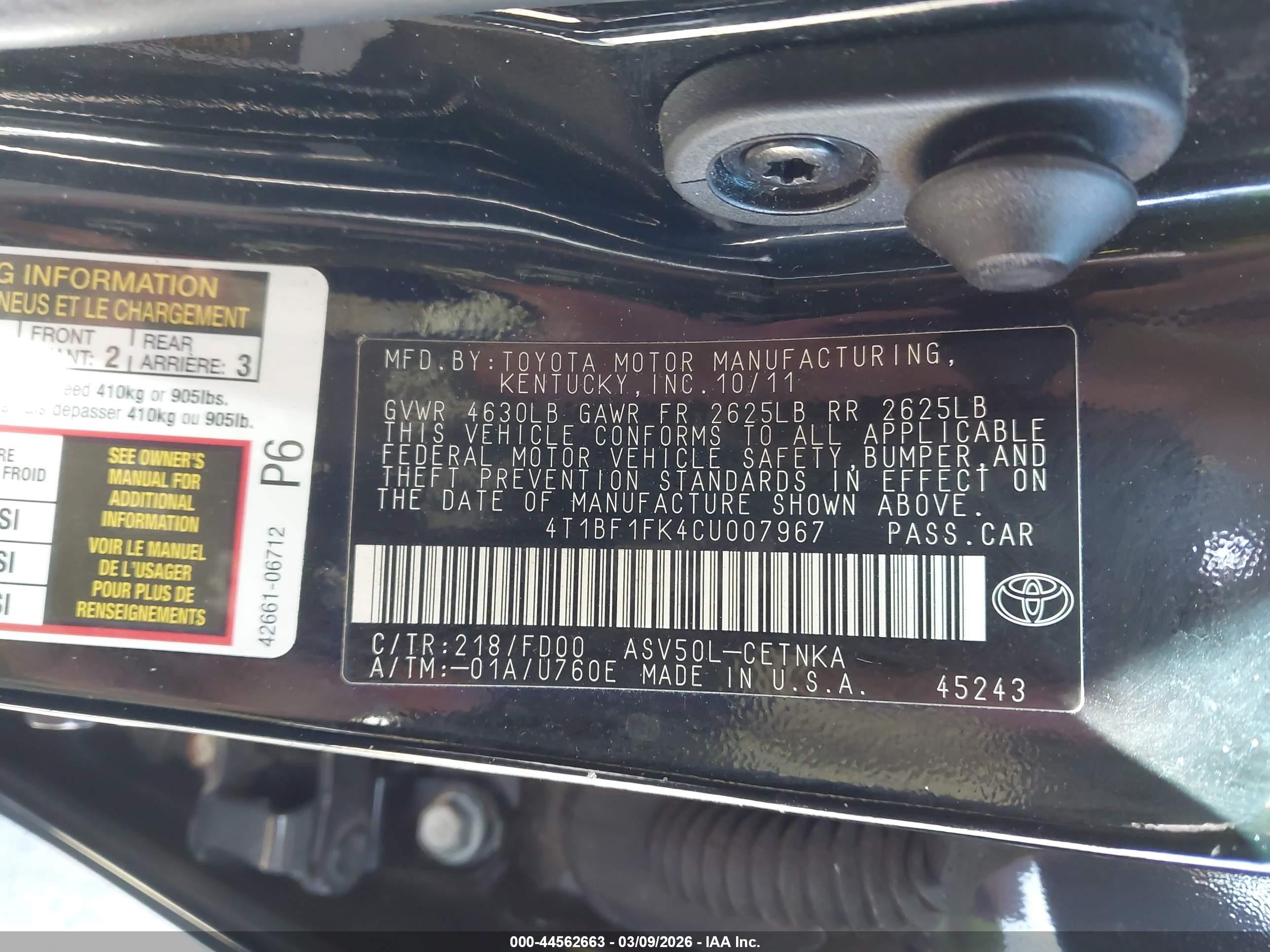 2012 Toyota Camry Le Черный vin: 4T1BF1FK4CU007967