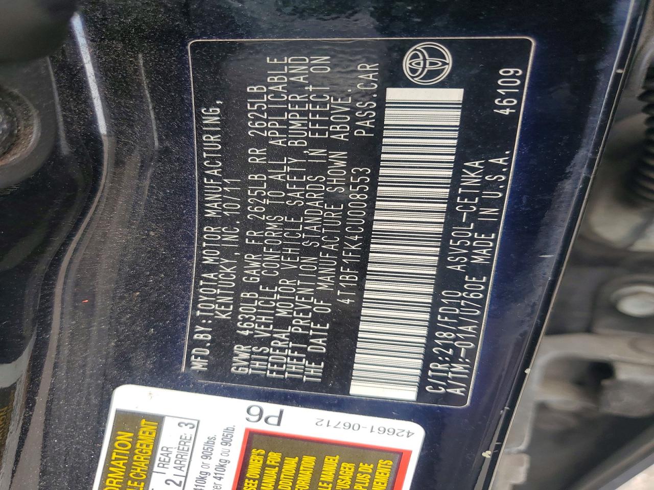 2012 Toyota Camry Le Black vin: 4T1BF1FK4CU008553