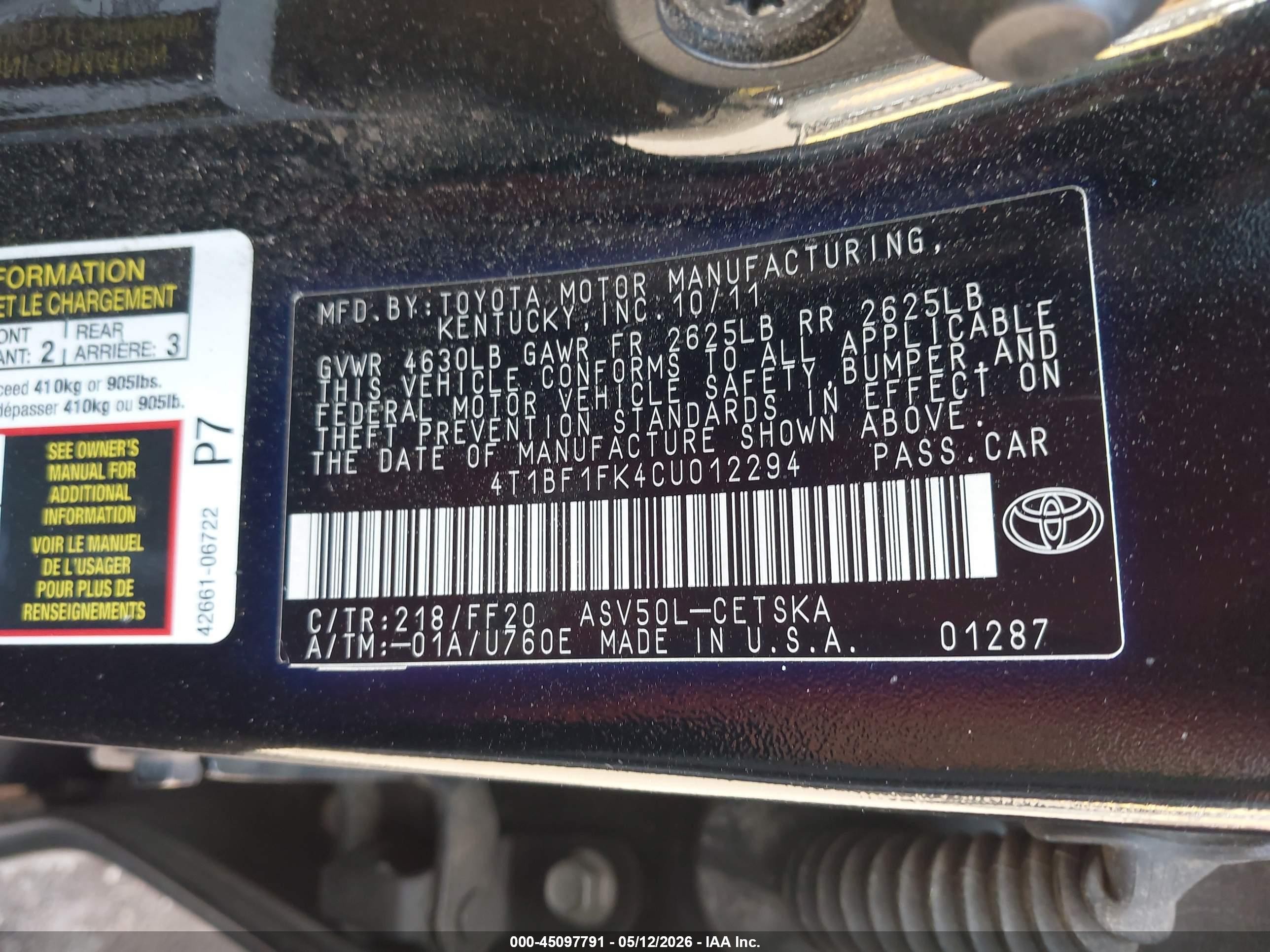 2012 Toyota Camry Se Black vin: 4T1BF1FK4CU012294