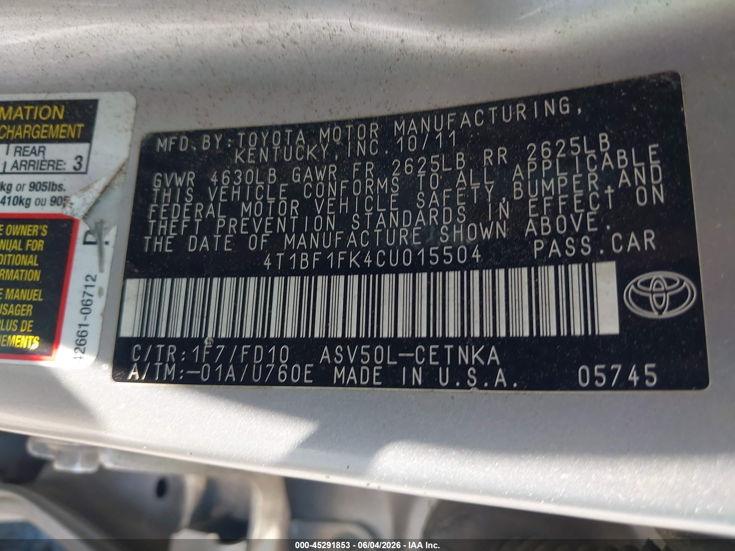 2012 Toyota Camry Le Silver vin: 4T1BF1FK4CU015504