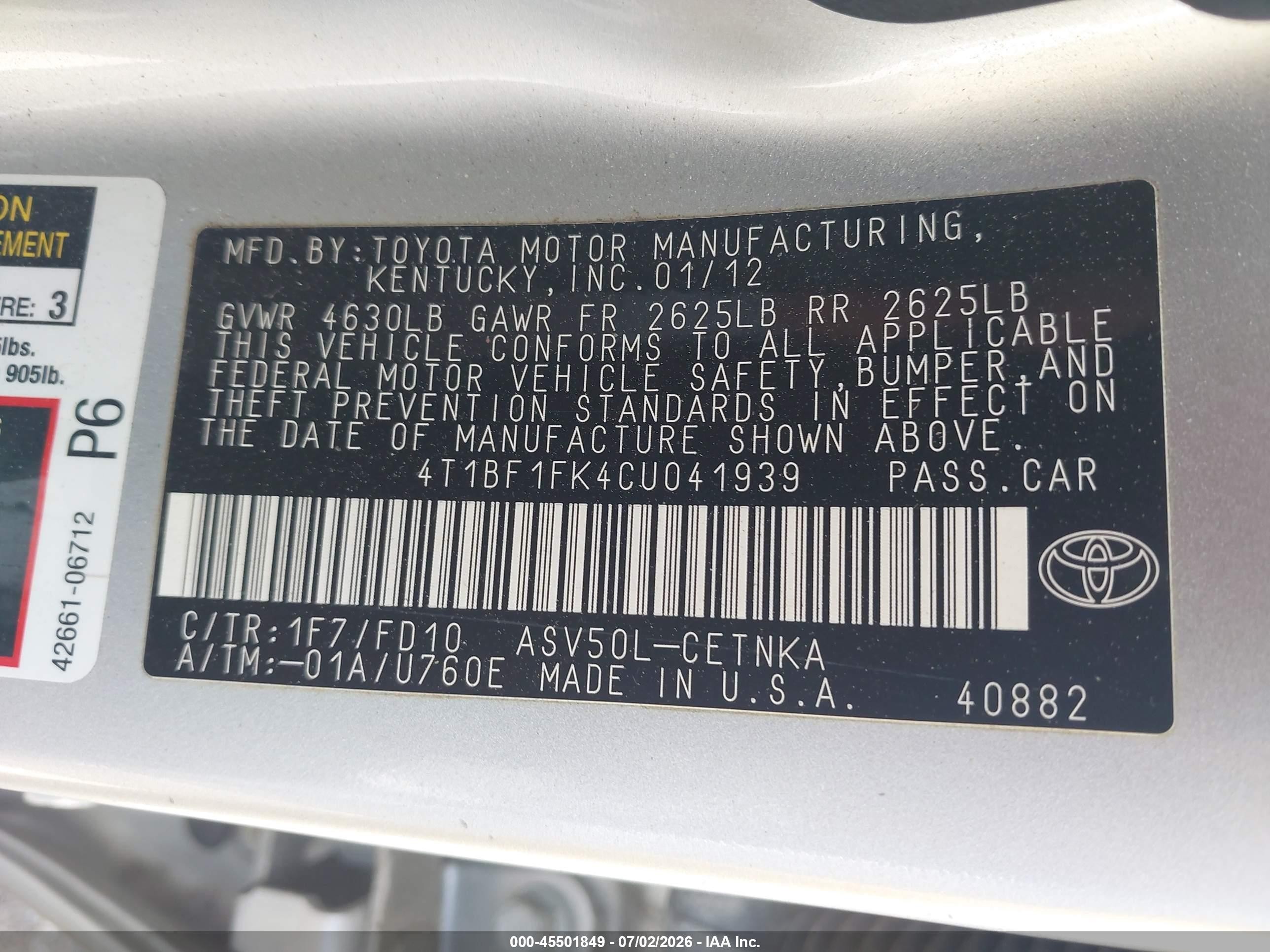 2012 Toyota Camry Le Silver vin: 4T1BF1FK4CU041939