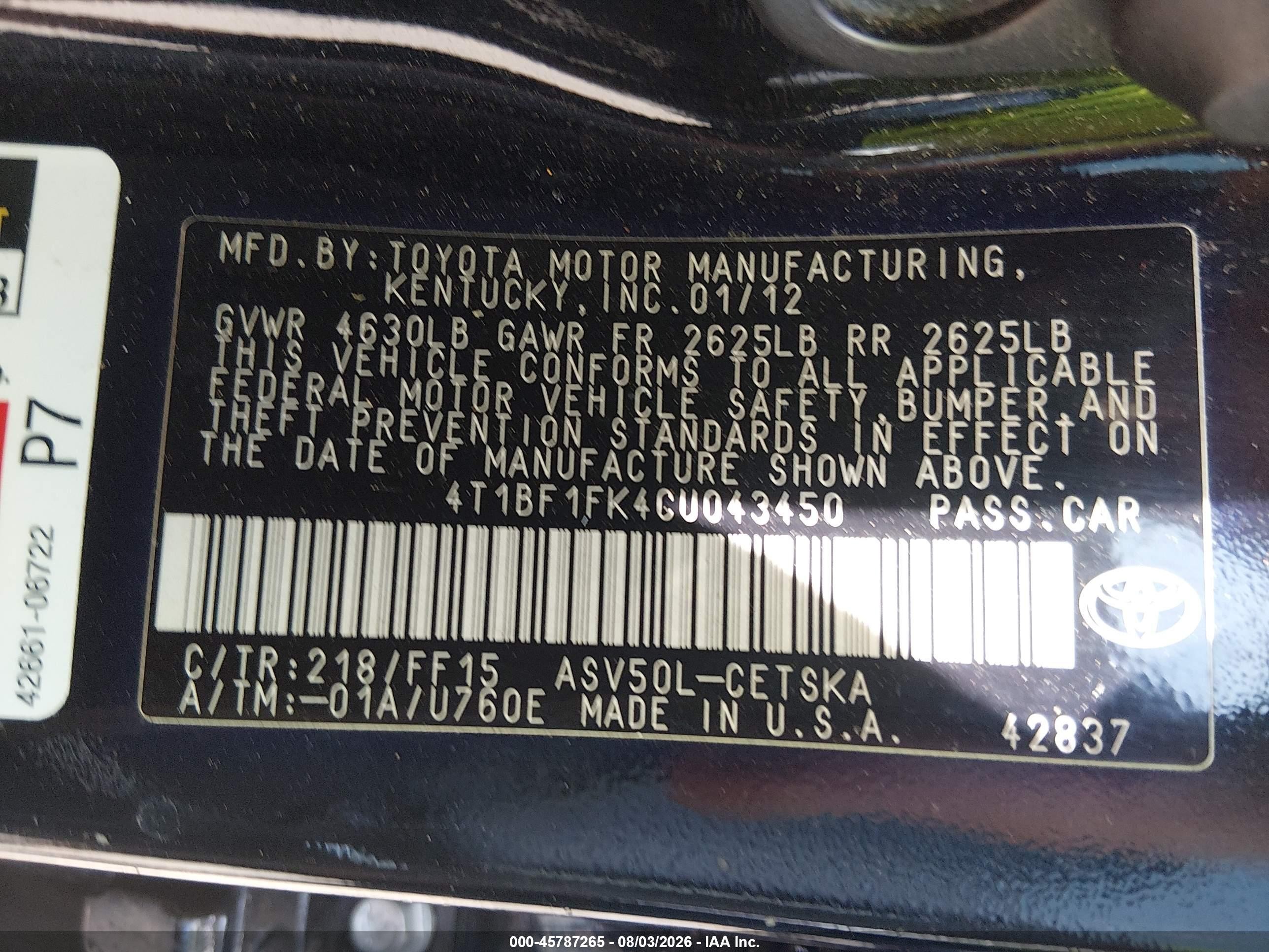 2012 Toyota Camry Se Black vin: 4T1BF1FK4CU043450