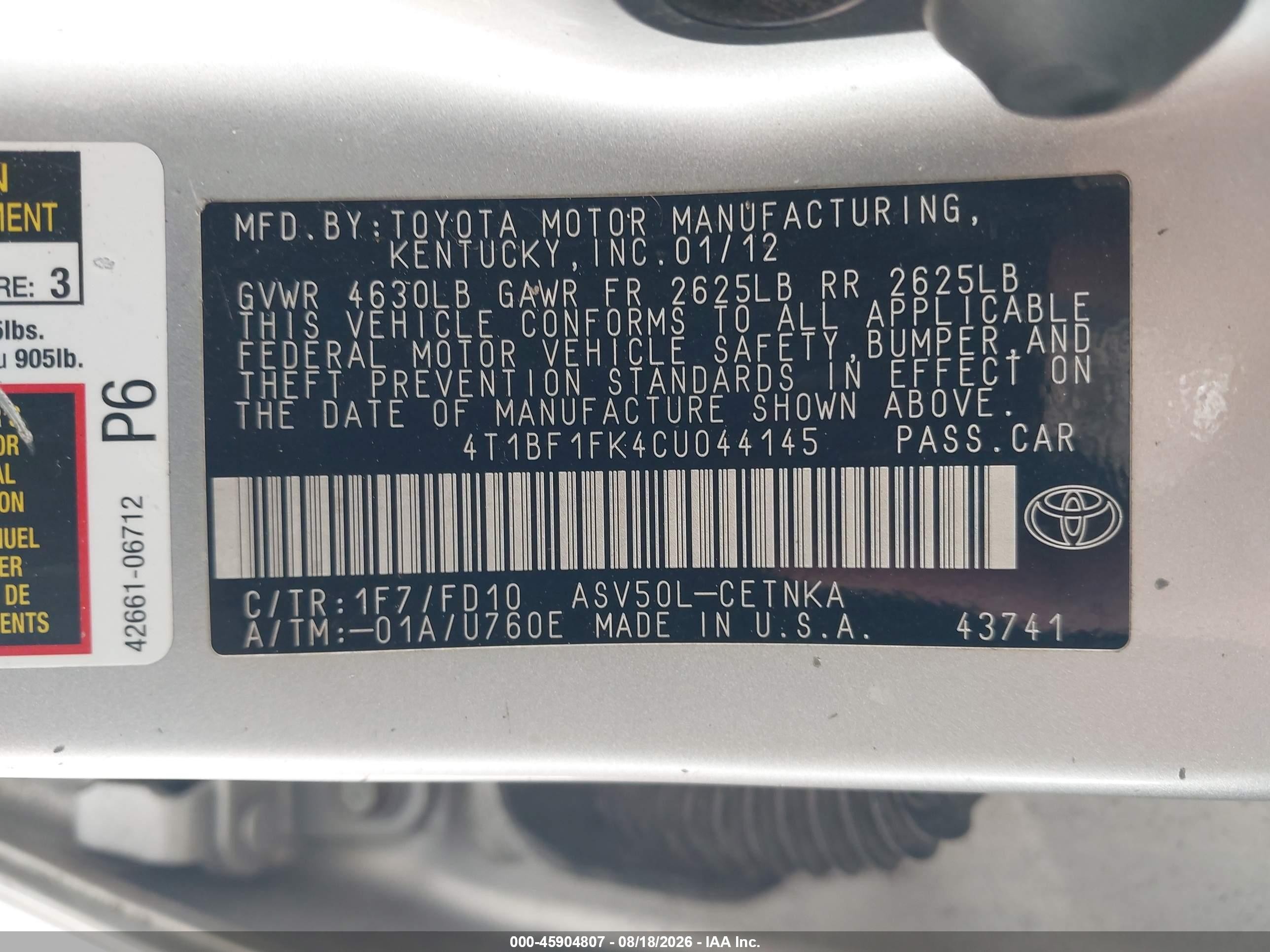 2012 Toyota Camry Le Серебряный vin: 4T1BF1FK4CU044145