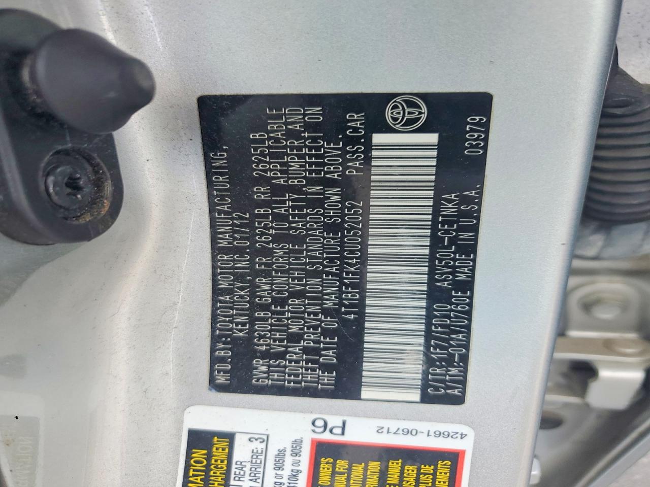 2012 Toyota Camry Le Silver vin: 4T1BF1FK4CU052052