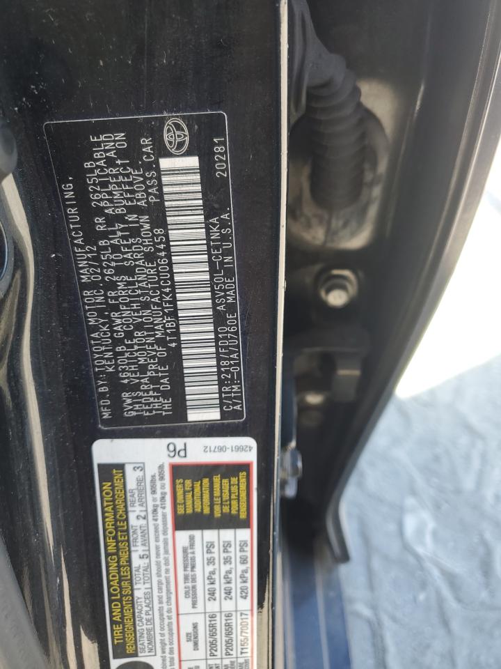 2012 Toyota Camry Base Black vin: 4T1BF1FK4CU064458