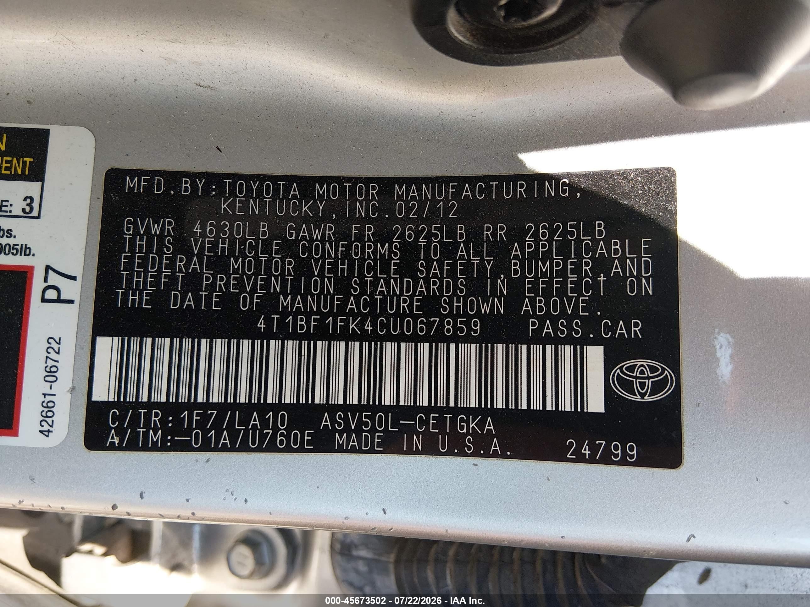 2012 Toyota Camry Xle Silver vin: 4T1BF1FK4CU067859
