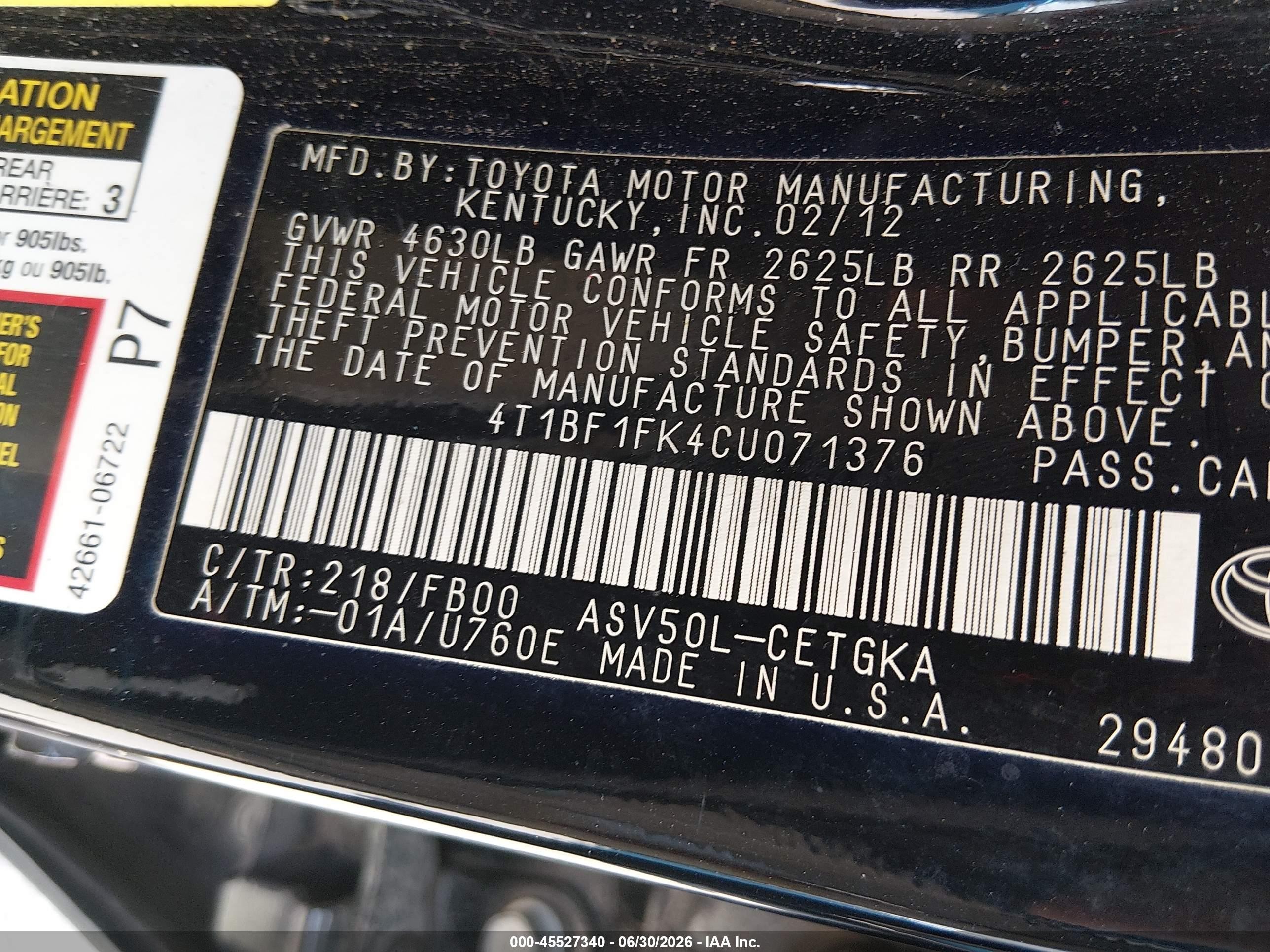 2012 Toyota Camry Xle Black vin: 4T1BF1FK4CU071376