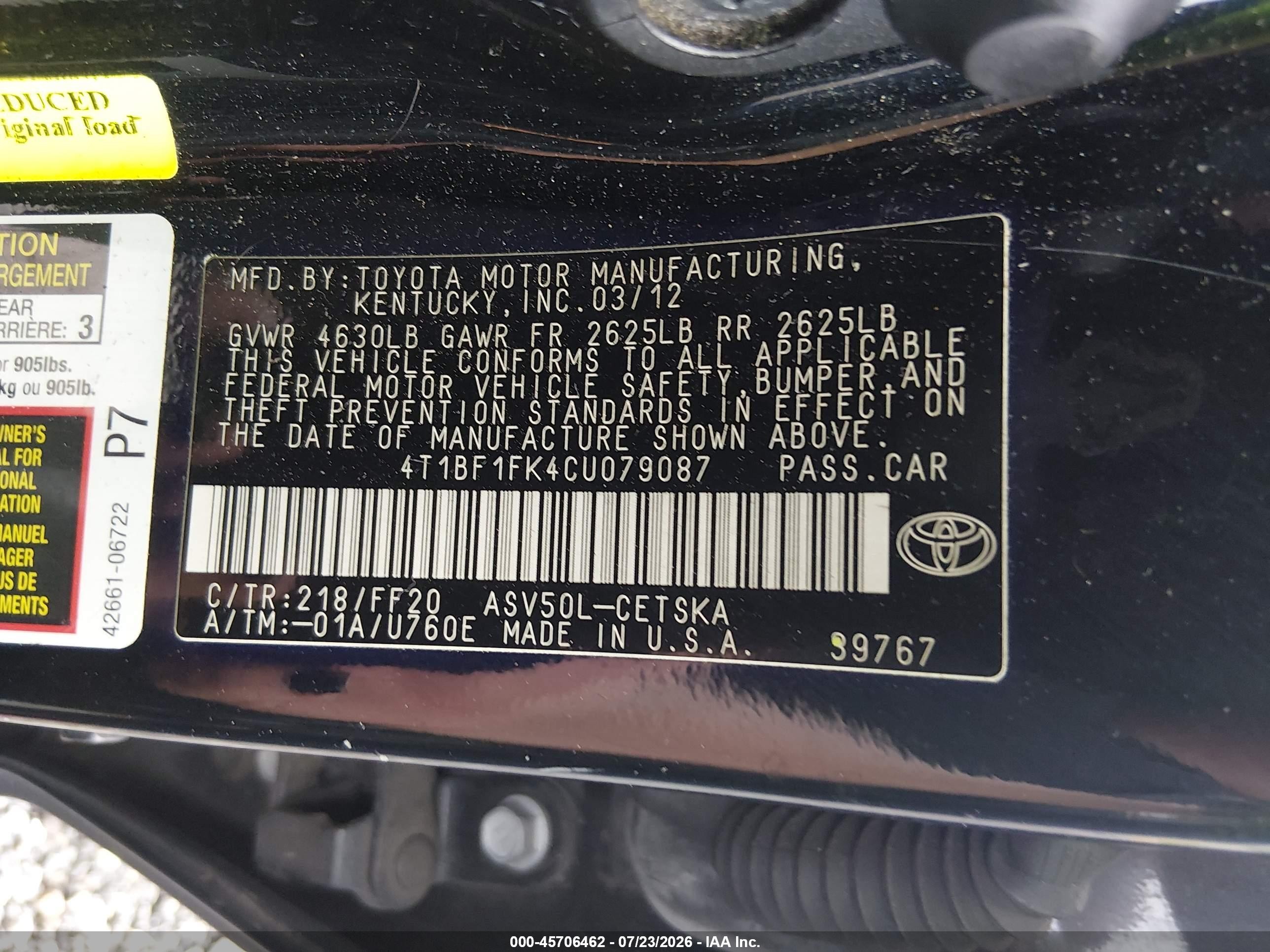 2012 Toyota Camry Se Black vin: 4T1BF1FK4CU079087