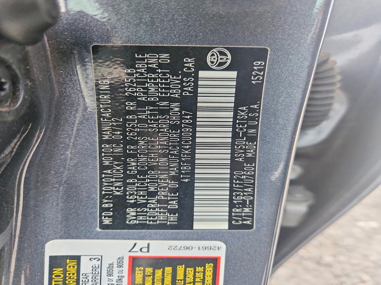 2012 Toyota Camry Se Gray vin: 4T1BF1FK4CU097847
