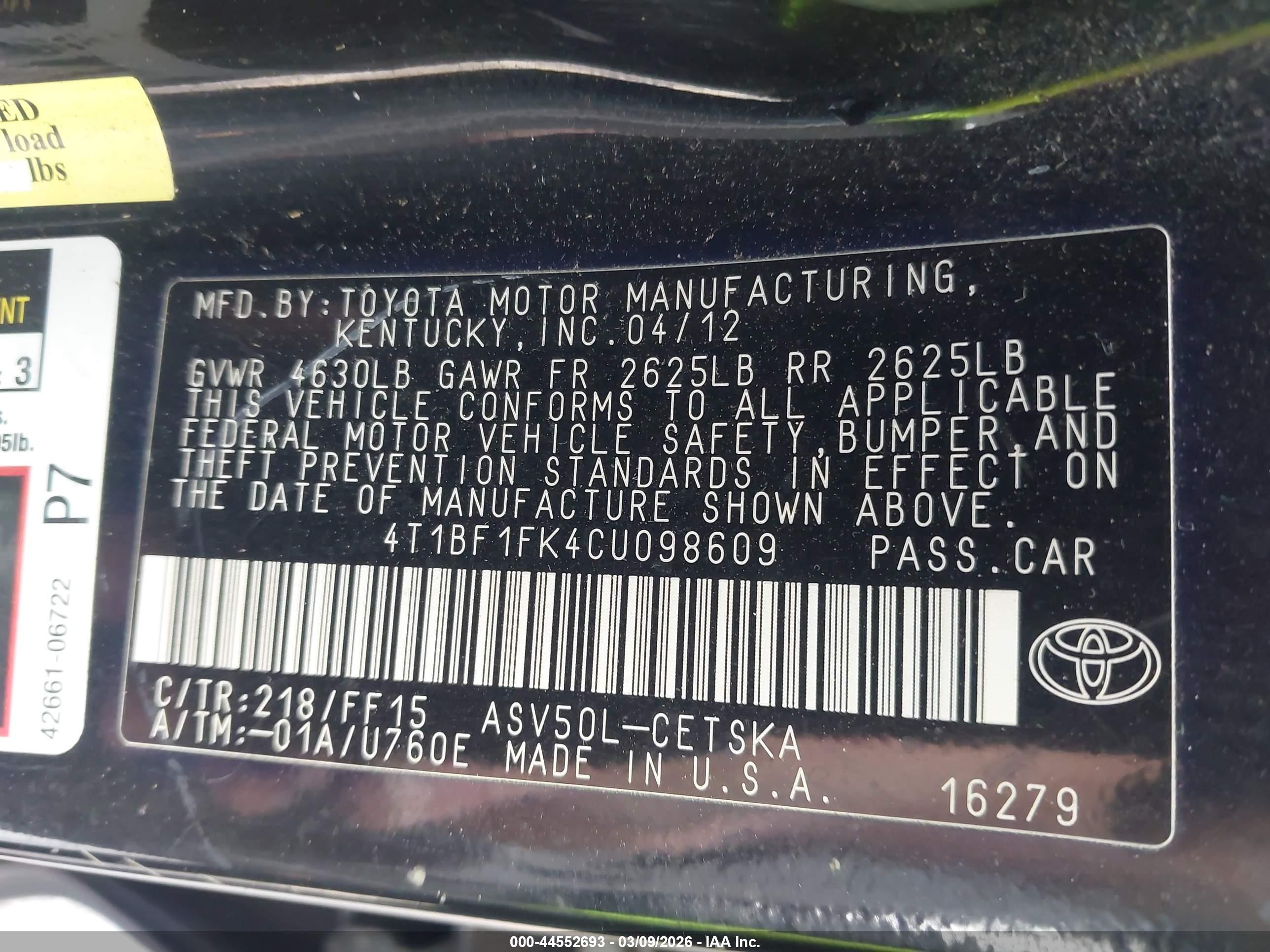 2012 Toyota Camry Se Black vin: 4T1BF1FK4CU098609